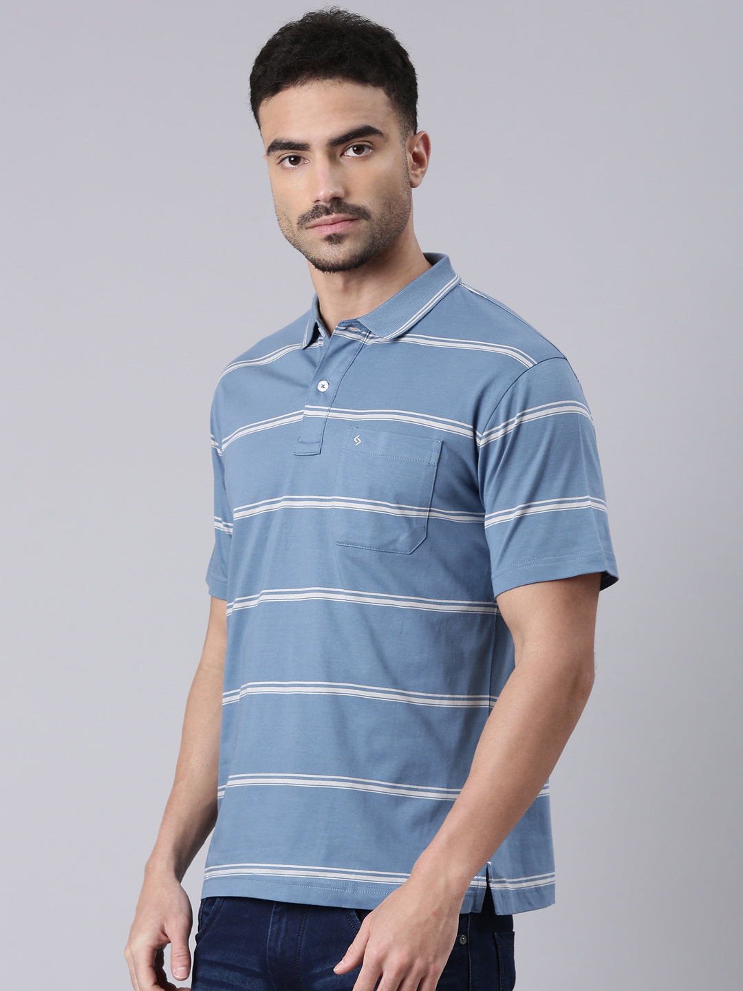 Classic Polo Men's Half Sleeve Blue/White Polo Neck Authentic Fit Striped Cotton T-Shirt | AP - 111 A AF P