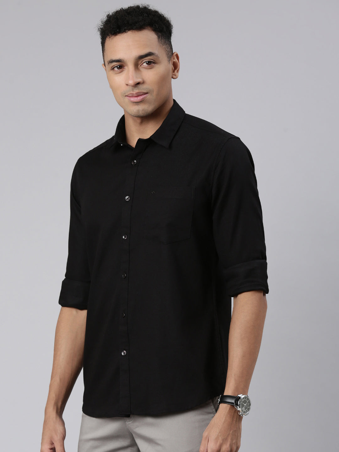 Classic Polo Men's Full Sleeve Black Polo Neck Cotton Slim Fit Casual Shirt | SP2-CL-54 B-FS-SLD-SF