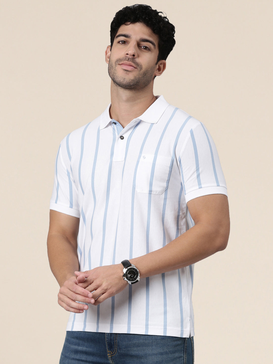 Classic Polo Men's Half Sleeve White/Light Blue Polo Neck Slim Fit Striped Cotton Blend T-Shirt | VERTICS - 121 A SF P