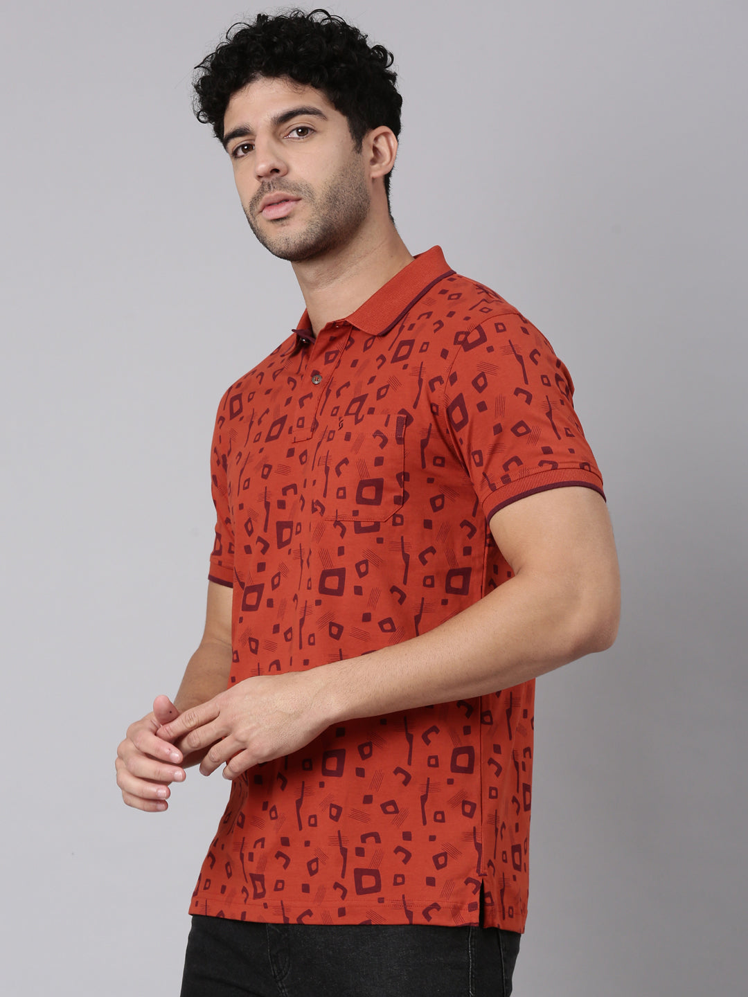 Classic Polo Men's Half Sleeve Rust Polo Neck Slim Fit All-Over Print Cotton T-Shirt | BELLO - 404 B SF P