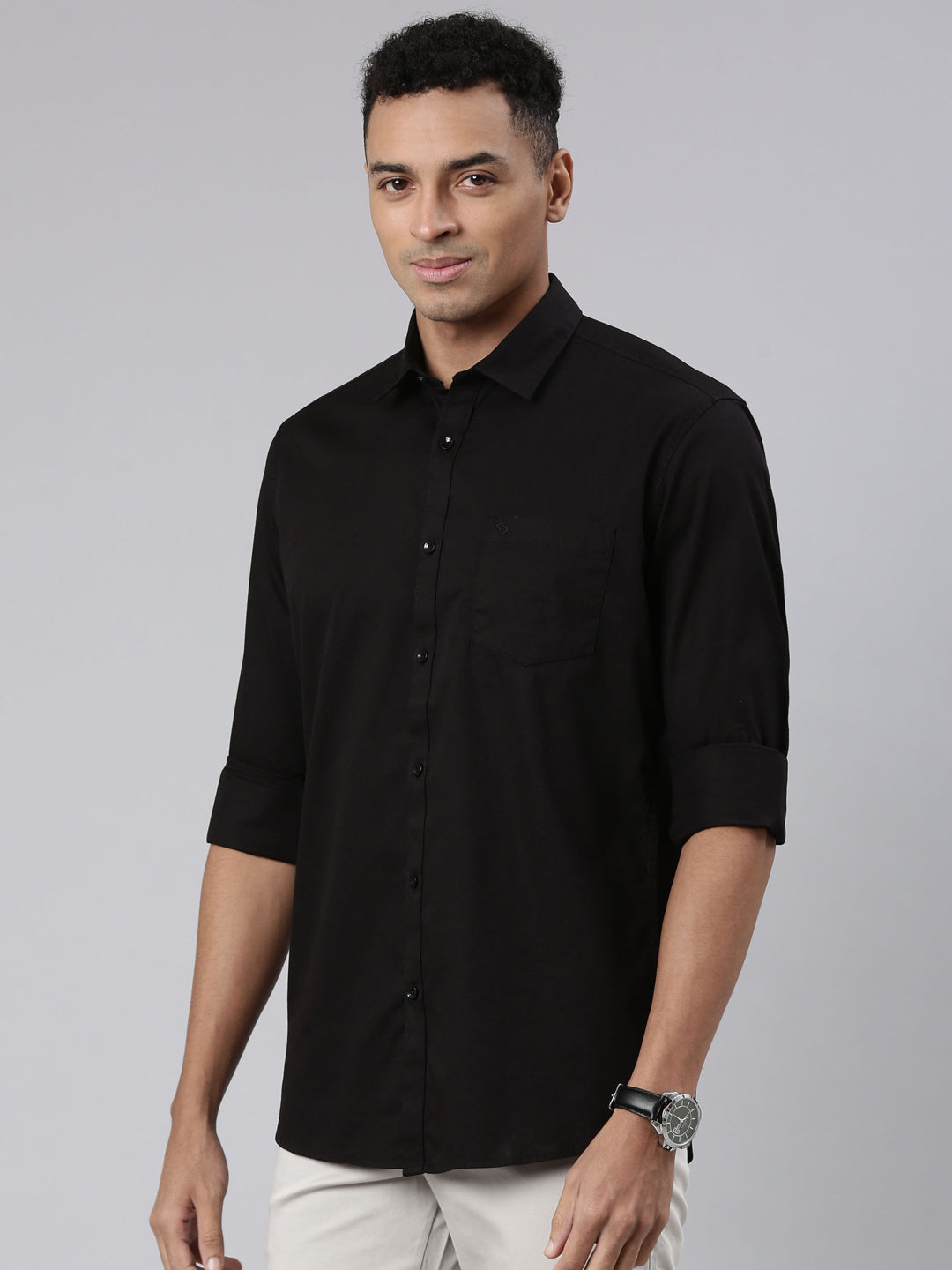 Classic Polo Men's Full Sleeve Black Polo Neck Cotton Slim Fit Casual Shirt | SP2-137-SLD-SF FS
