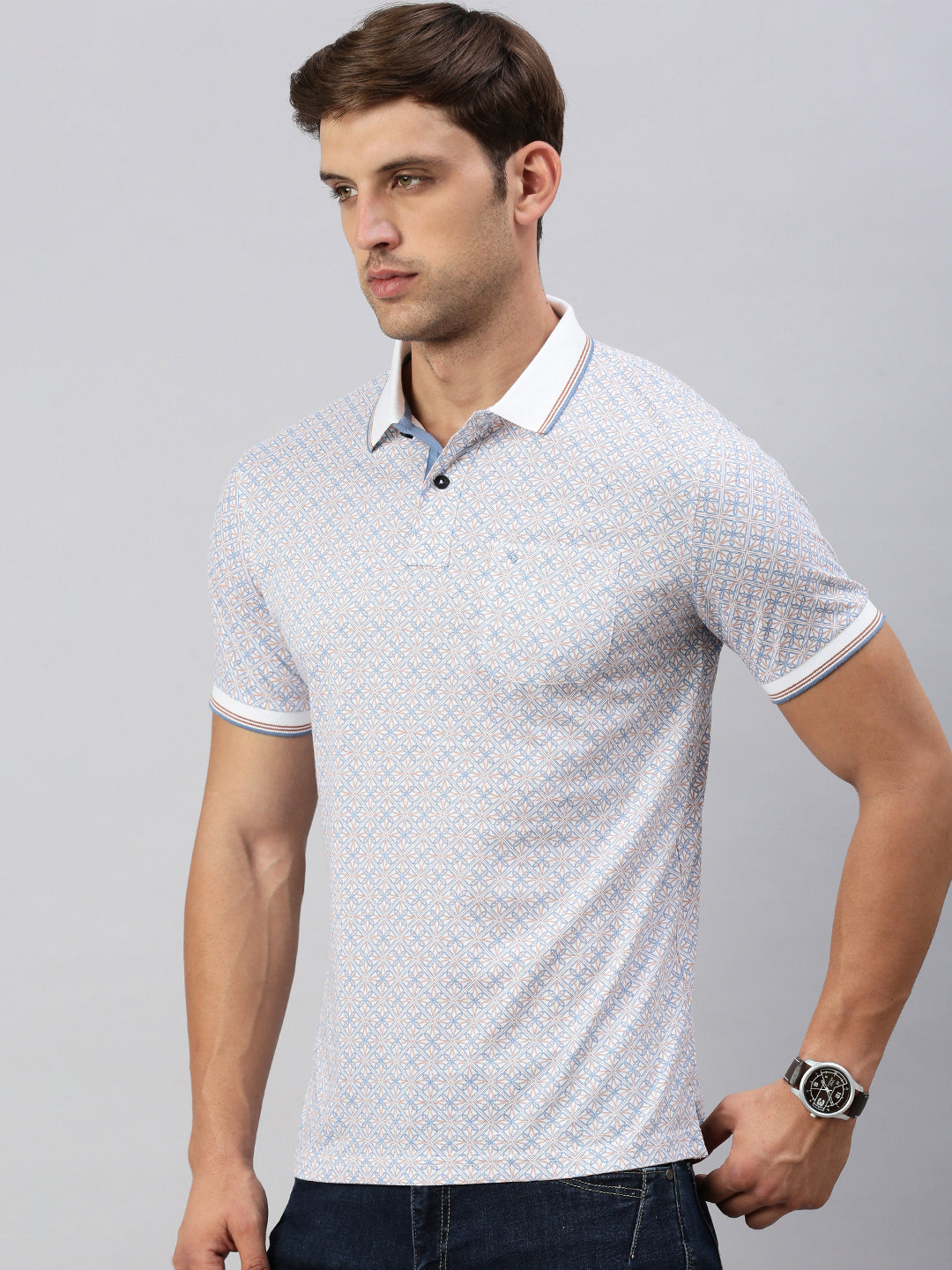Classic Polo Men's Printed Lt.Blue Cotton Slim Fit Half Sleeve T-Shirt | BELLO - 298 A SF P