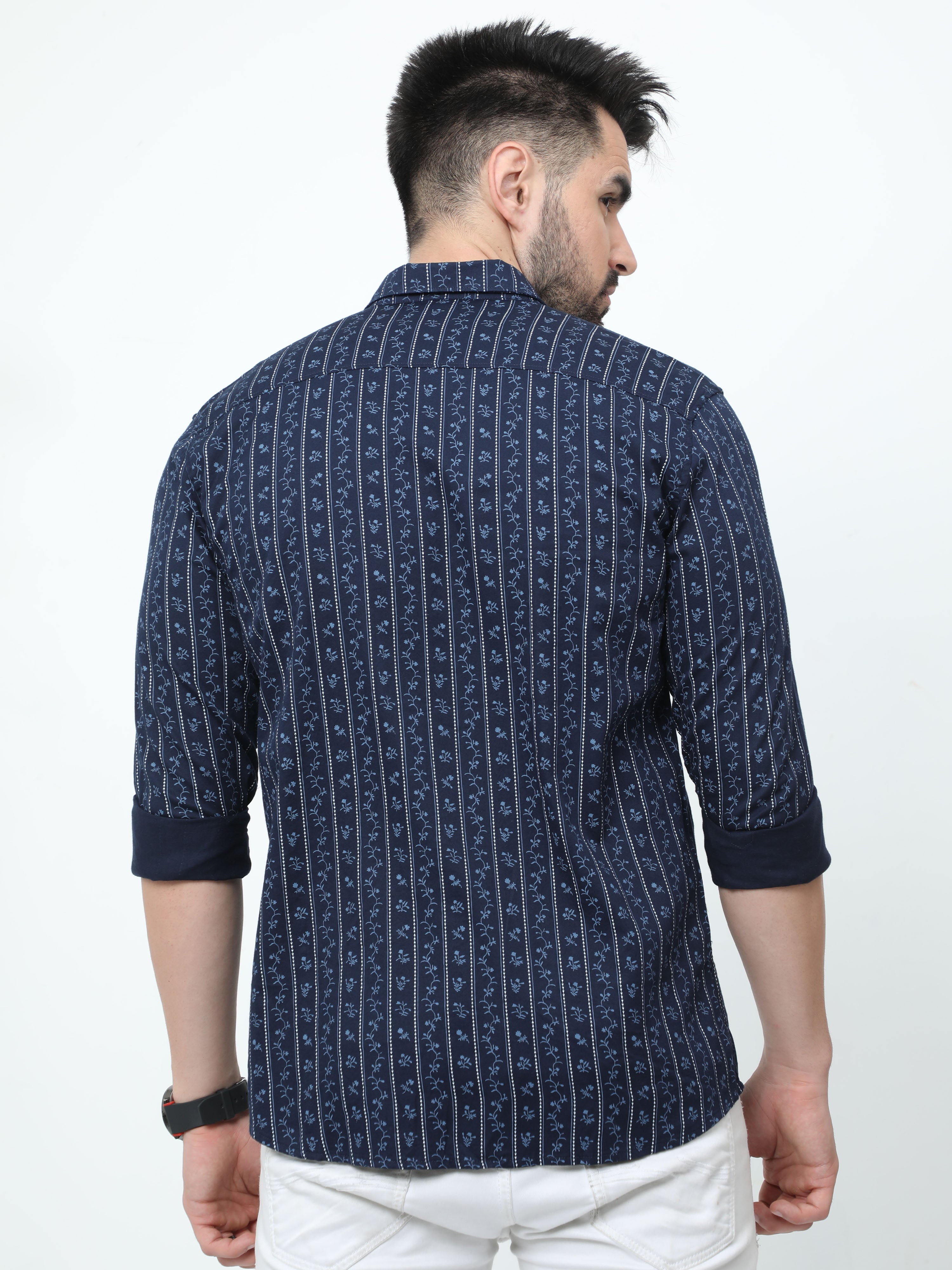 Classic Polo Mens Pure Cotton Full Sleeves Floral Slim Fit Polo Neck Dark Navy Color Woven Shirt | So2-167 B-Fs-Prt-Sf
