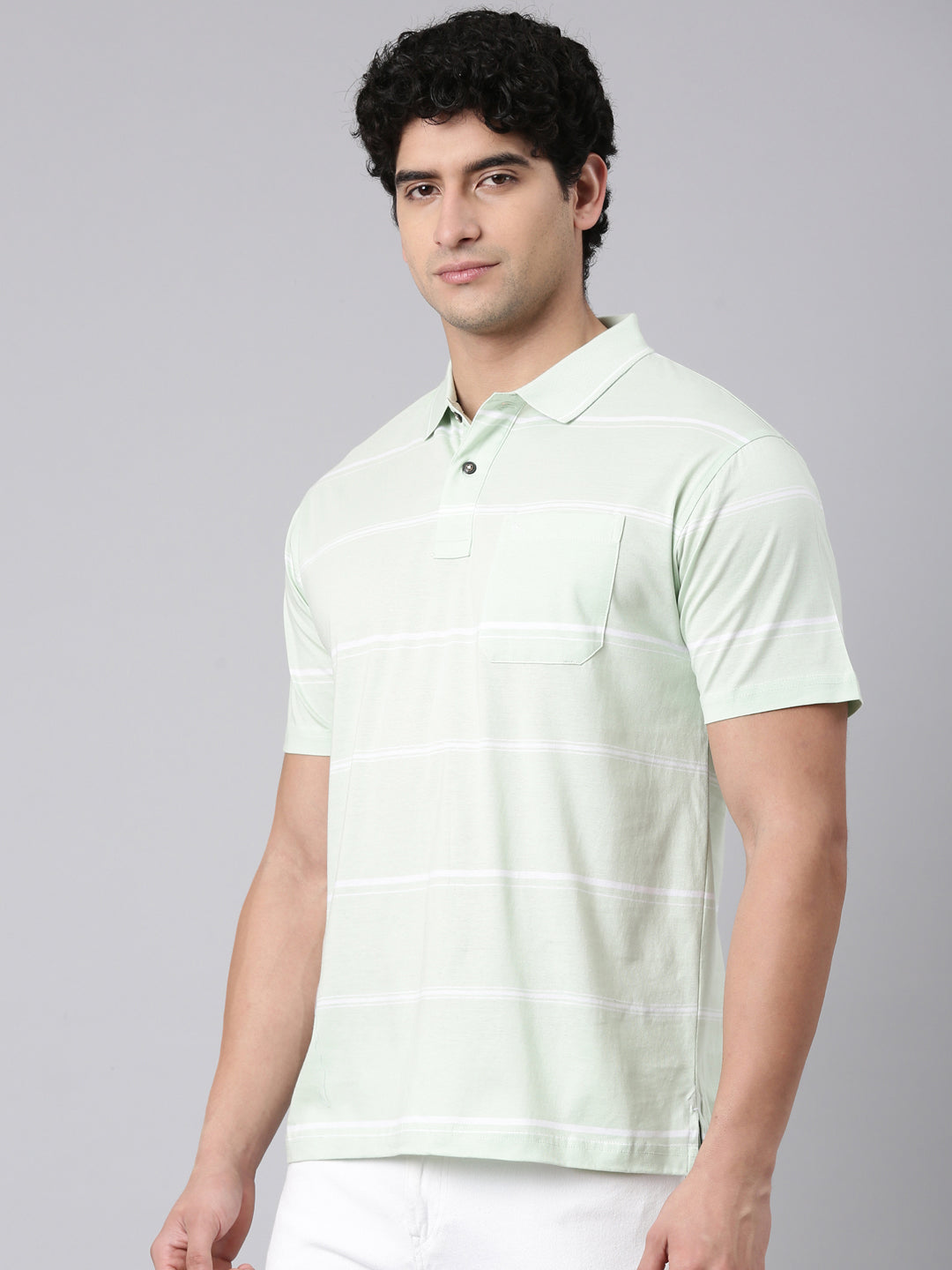 Classic Polo Men's Half Sleeve Light Green Polo Neck Authentic Fit Striped Cotton T-Shirt | AP - 156 A AF P