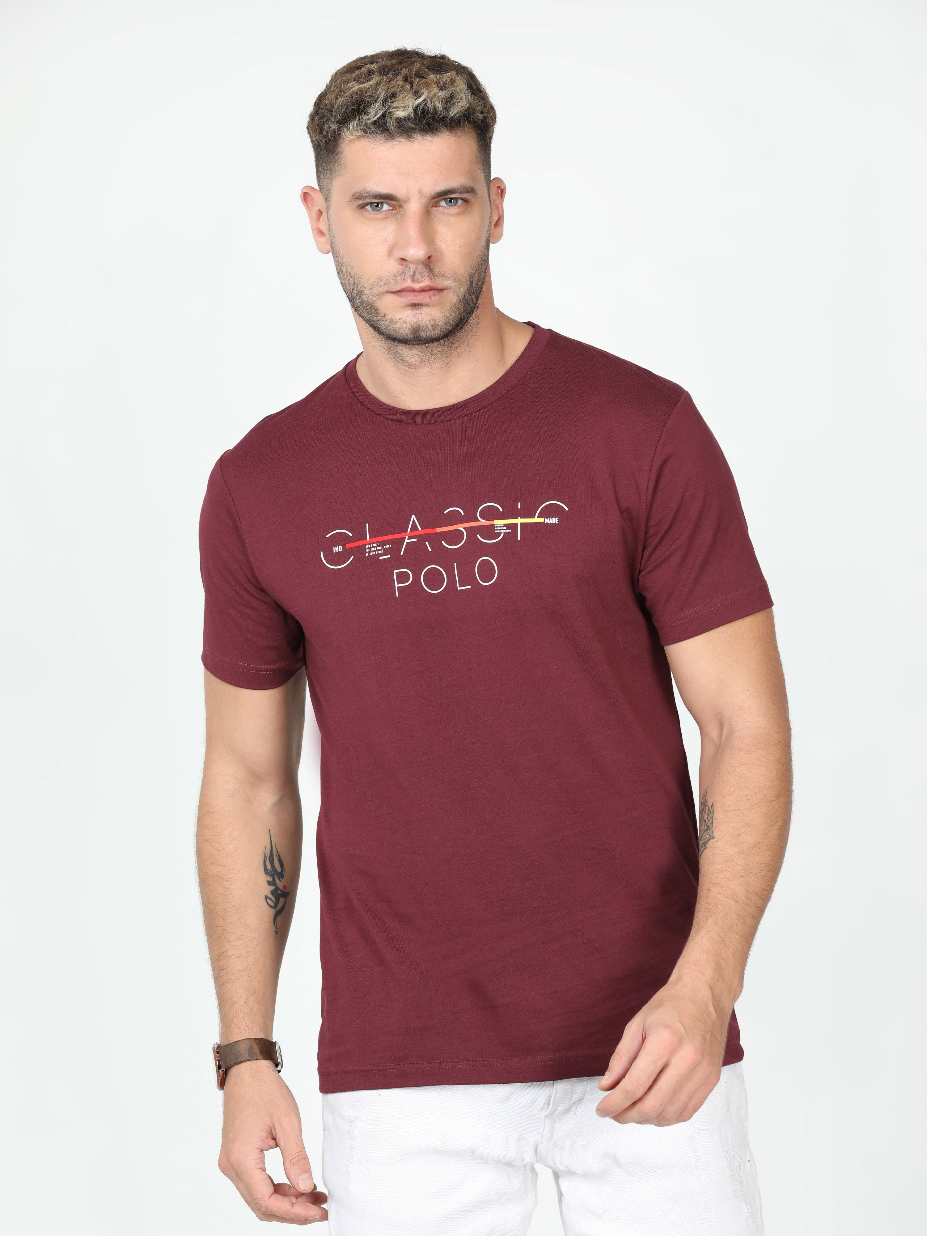 Classic Polo Mens Cotton Half Sleeve Printed Slim Fit Crew Neck Multi Color T Shirt | Toy-Trio-905 SF