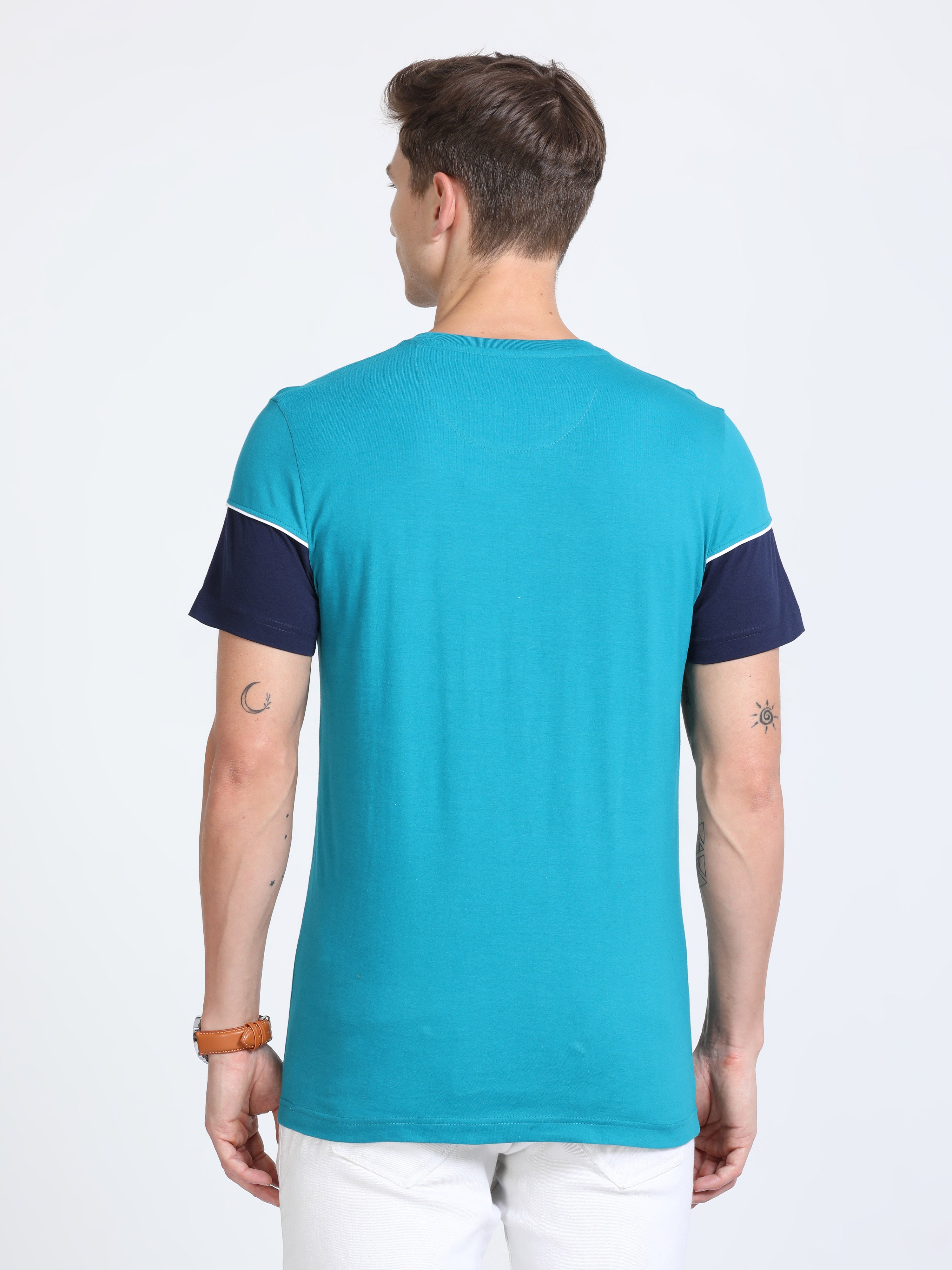 Classic Polo Mens Cotton Half Sleeves Color Blocked Slim Fit Crew Neck Tourquise Color T-Shirt | Brcn - 548 A Sf C