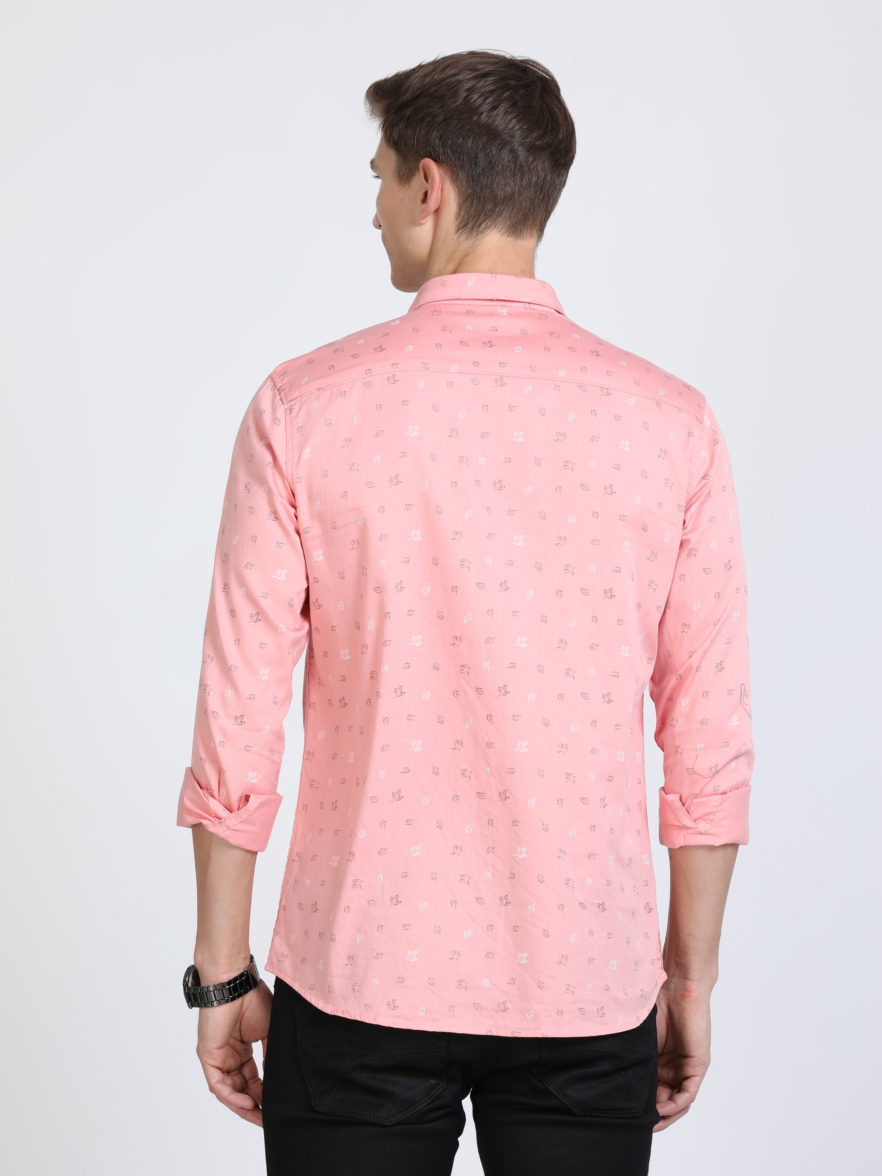 Classic Polo Mens Pure Cotton Full Sleeves Printed Slim Fit Polo Neck Pink Color Woven Shirt | So2-166 B-Fs-Prt-Sf