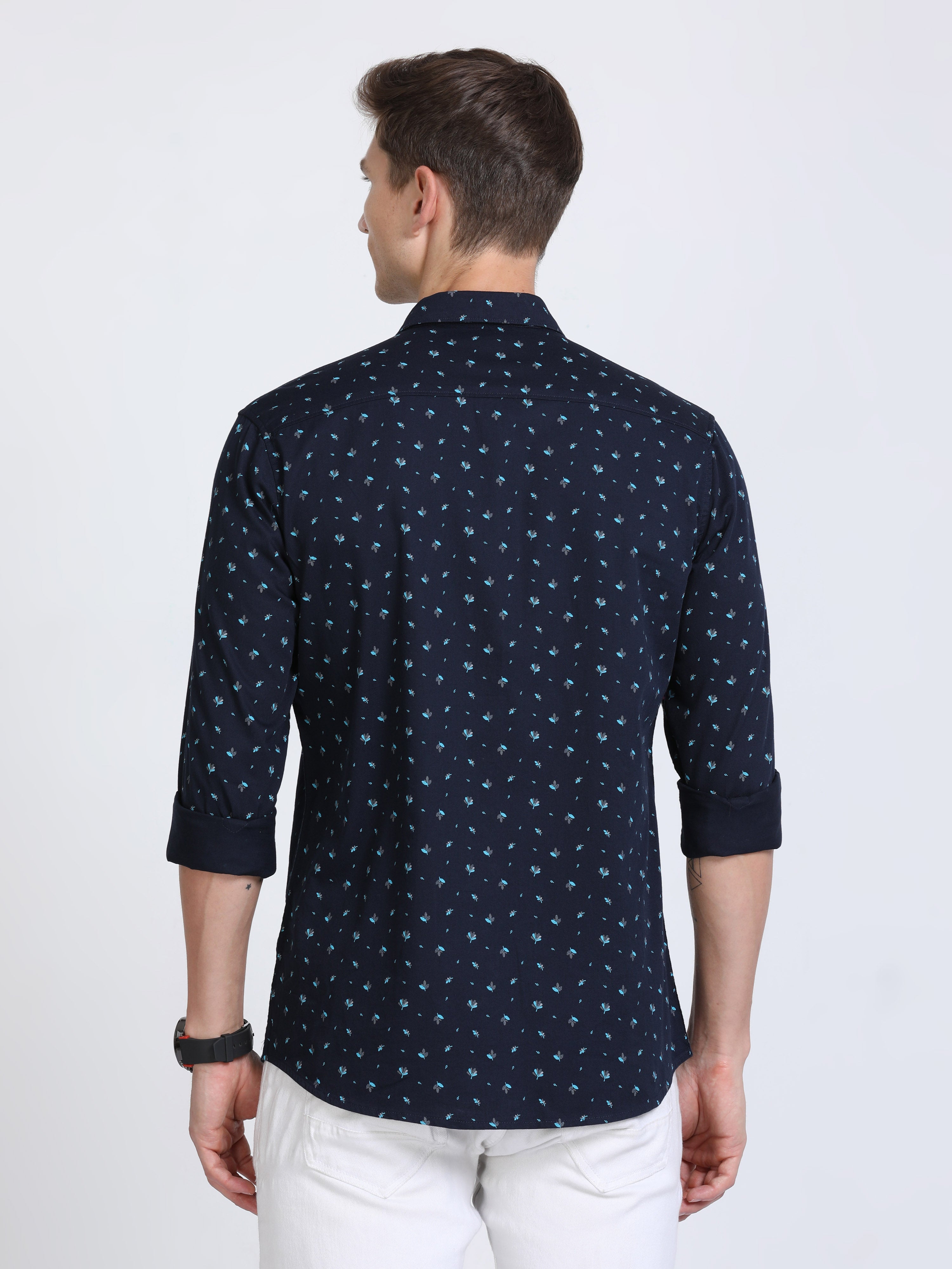 Classic Polo Mens Pure Cotton Full Sleeves Printed Slim Fit Polo Neck Dark Navy Color Woven Shirt | So2-165 B-Fs-Prt-Sf