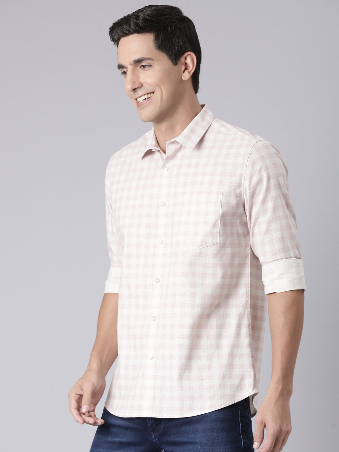 Classic Polo Men's Light Pink/White Polo Neck Printed Cotton Slim Fit Woven Shirt | LSHQ2-98 A-FS-PRT-SF