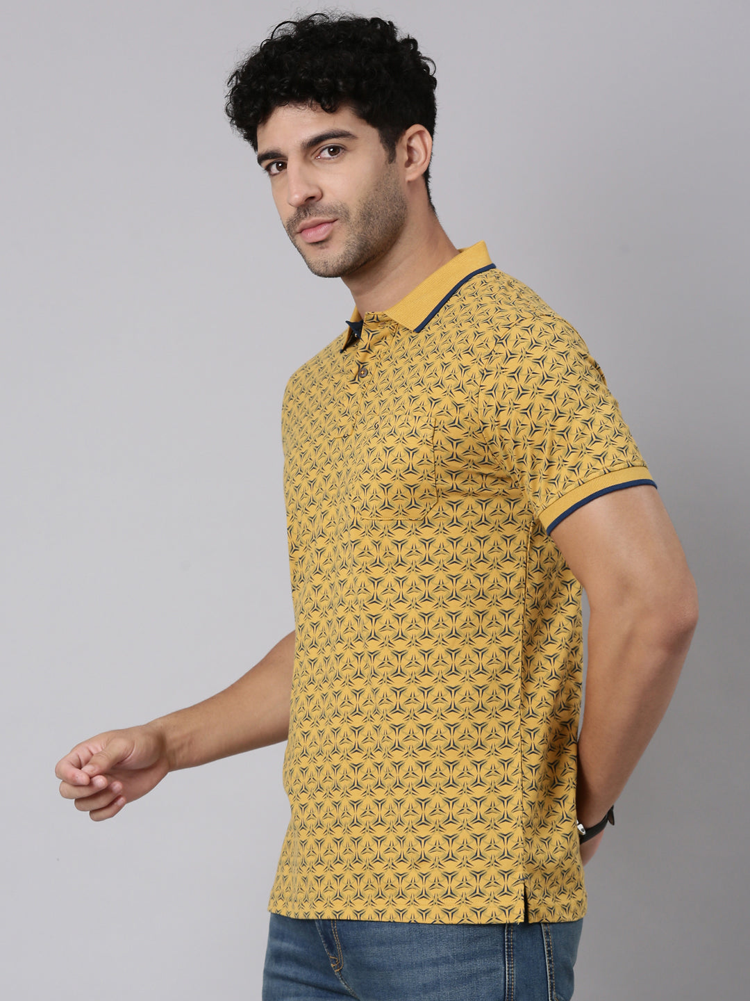 Classic Polo Men's Half Sleeve Yellow/Blue Polo Neck Slim Fit All-Over Print Cotton T-Shirt | BELLO - 394 A SF P