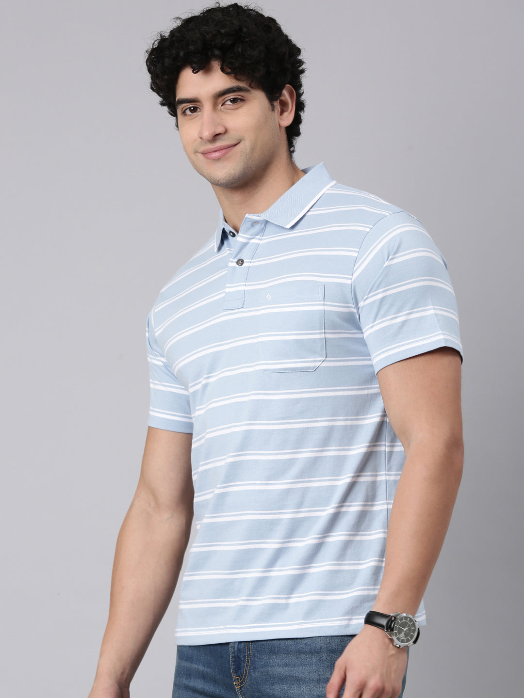 Classic Polo Men's Half Sleeve Blue/White Polo Neck Authentic Fit Striped Cotton Blend T-Shirt | FEEDERS - 302 A AF P