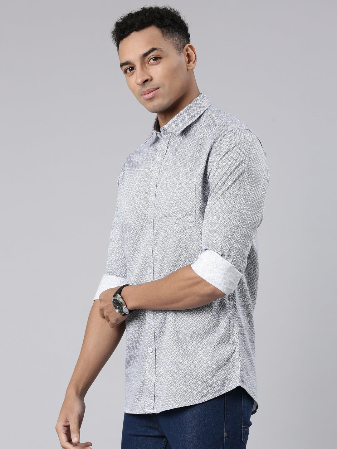 Classic Polo Men's Full Sleeve Grey Polo Neck Cotton Slim Fit Casual Shirt | SP2-144-PRT-SF FS