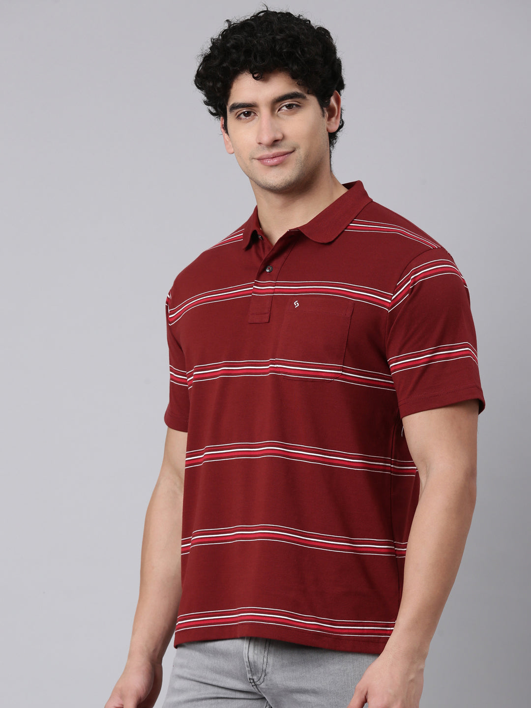 Classic Polo Men's Half Sleeve Maroon Polo Neck Authentic Fit Striped Cotton Blend T-Shirt | AVON - 664 A AF P