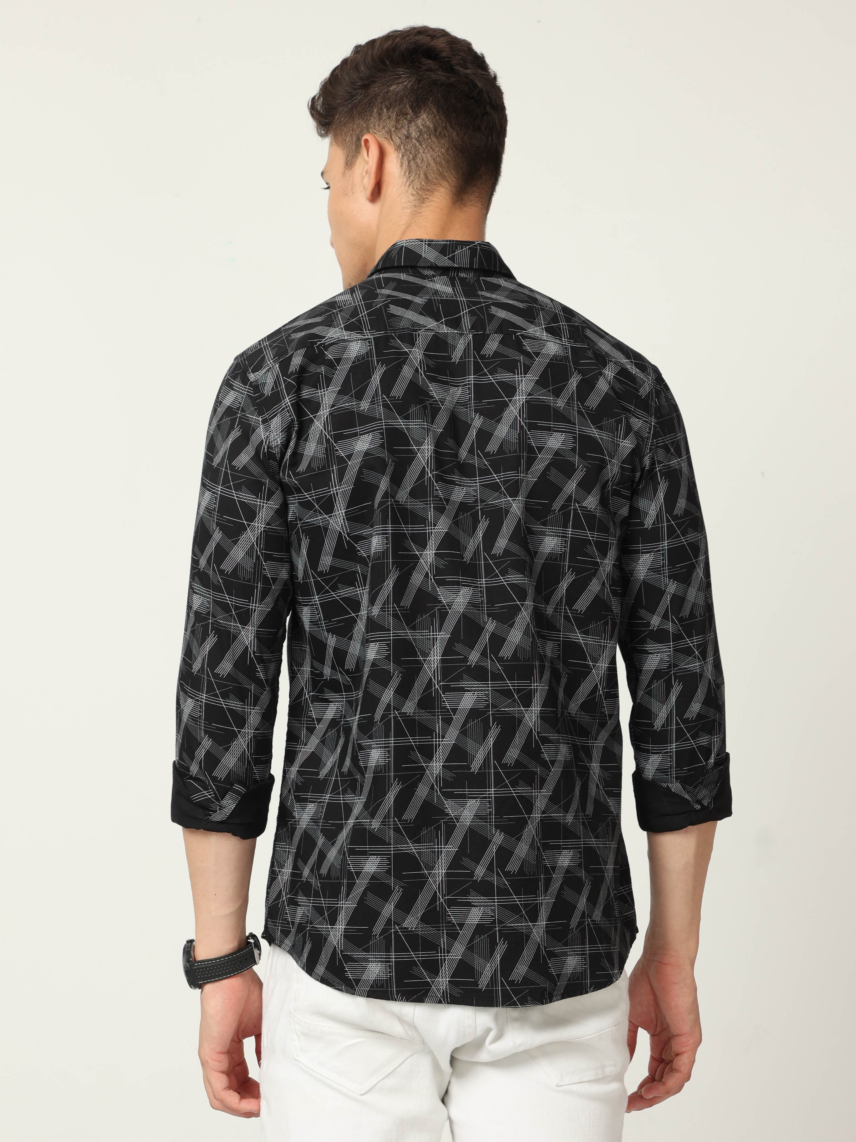 Classic Polo Men's Cotton Full Sleeve Printed Slim Fit Polo Neck Black Color Woven Shirt | So1-10 B