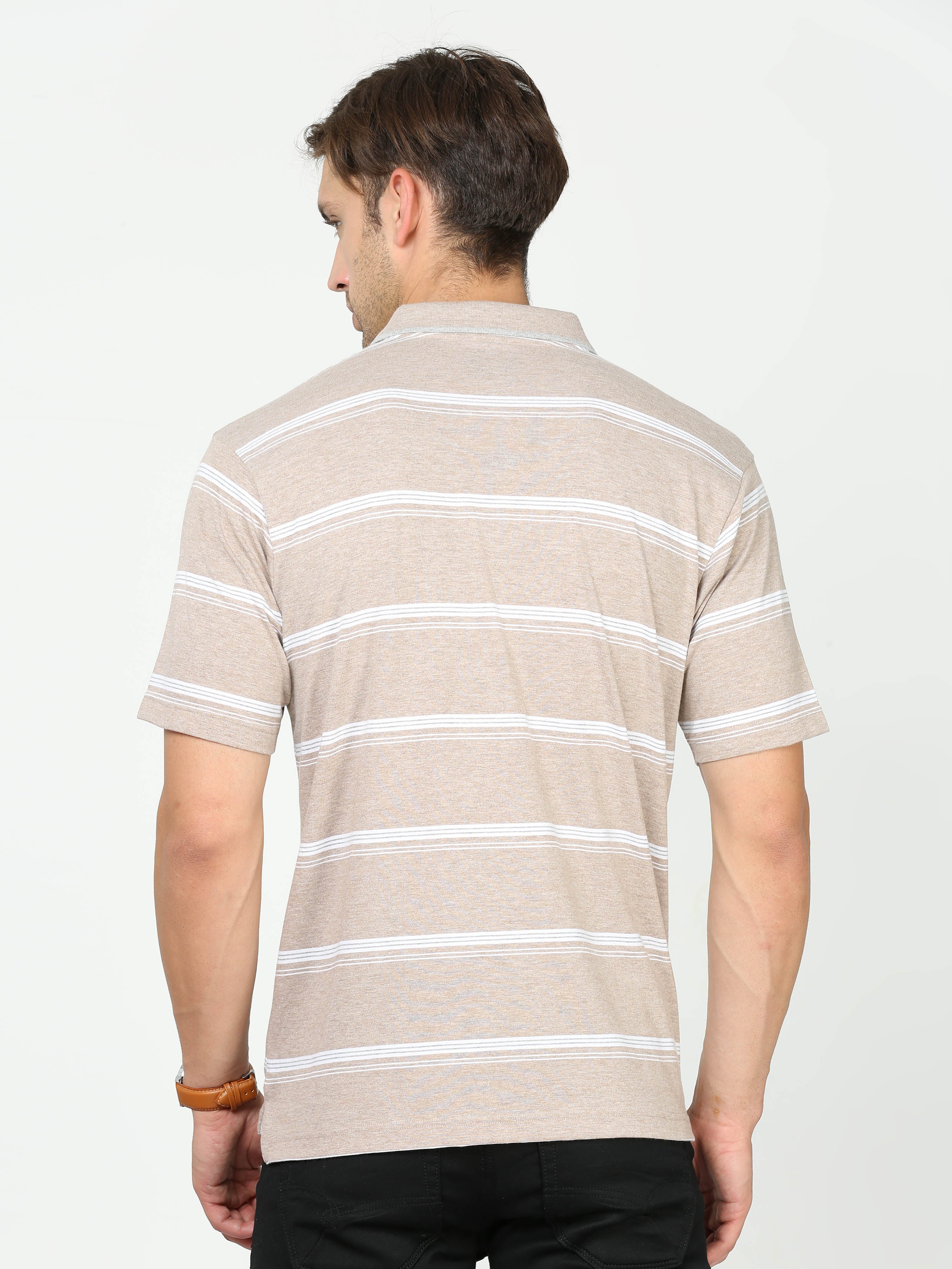 Classic Polo Mens Cotton Half Sleeves Striped Authentic Fit Polo Neck Cream Color T-Shirt | Mel - 238 A Af P