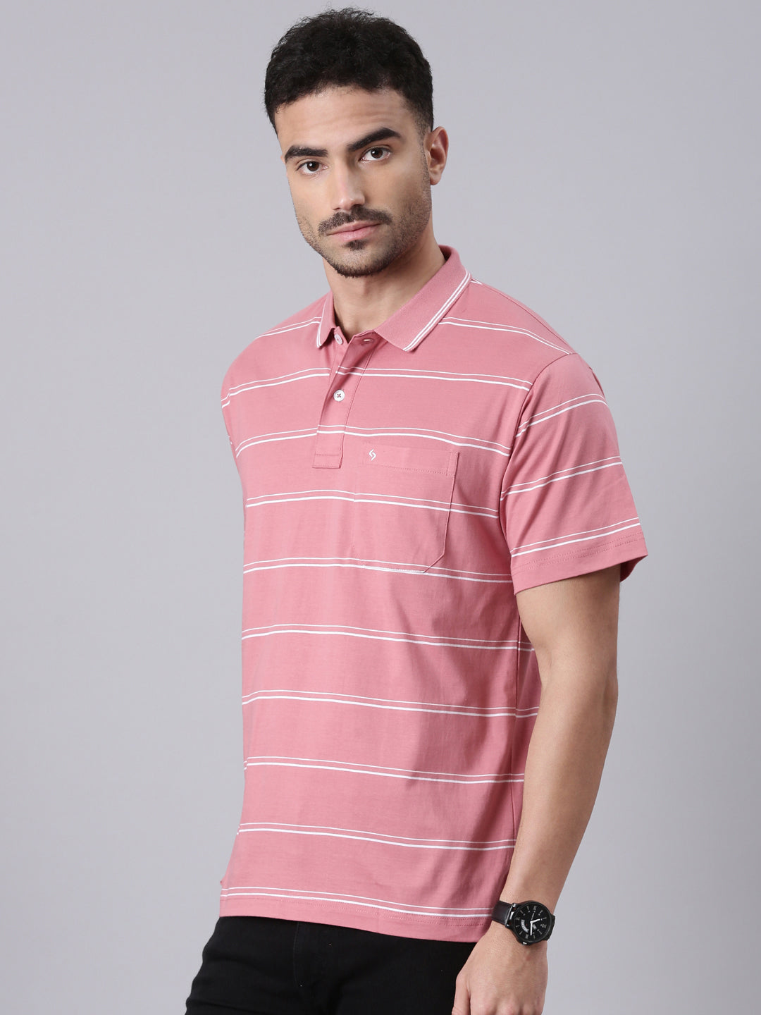 Classic Polo Men's Half Sleeve Peach/White Polo Neck Authentic Fit Striped Cotton T-Shirt | AP - 113 A AF P