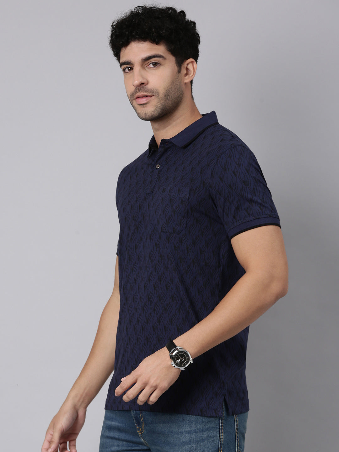 Classic Polo Men's Half Sleeve Navy Blue/Black Polo Neck Slim Fit All-Over Print Cotton T-Shirt | LTS-AOP - 128 A SF P