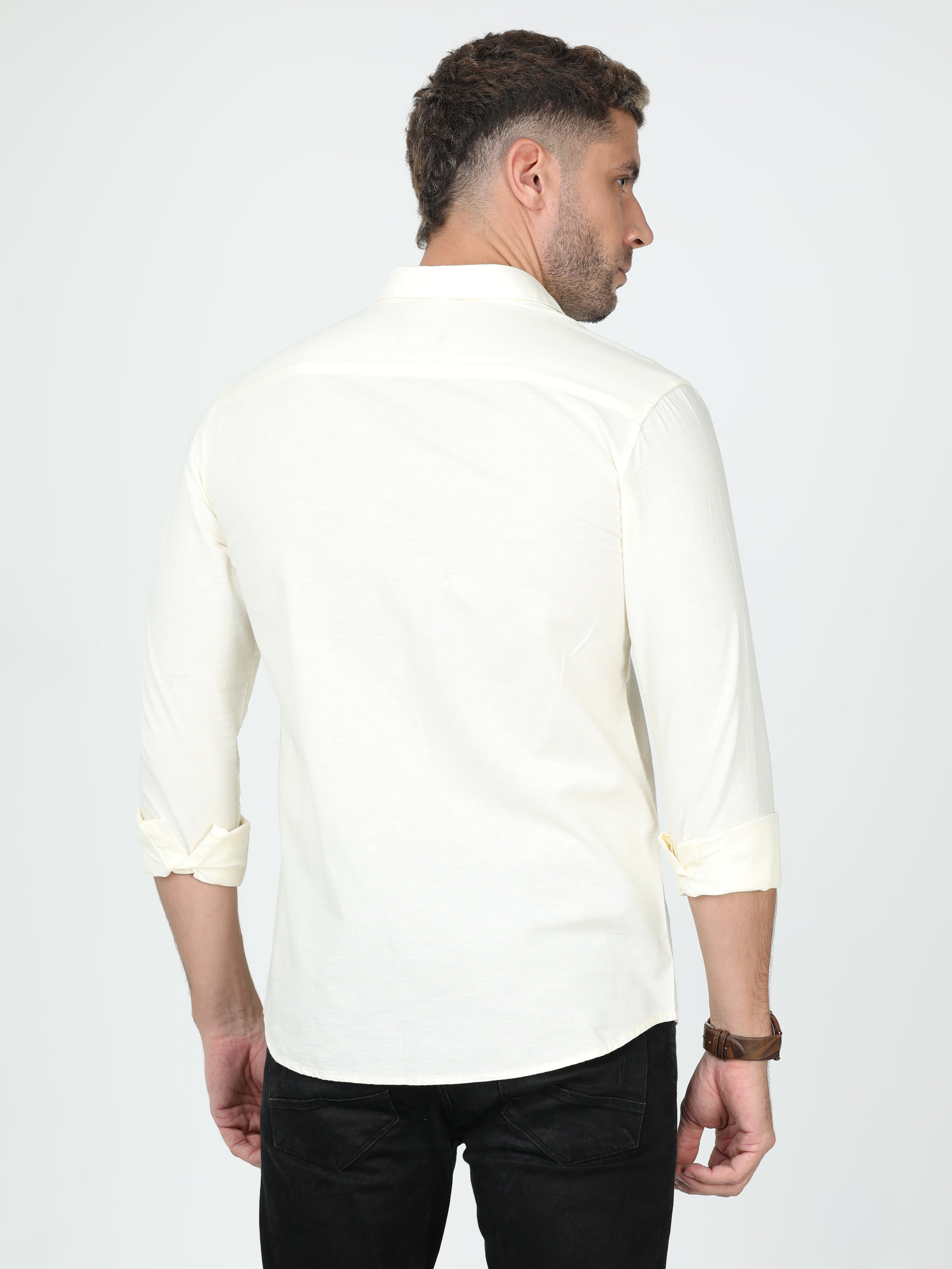 Classic Polo Mens Linen Cotton Full Sleeve Slim Fit Polo Neck Cream Color Woven Shirt | Linen - 12 B-FS-SLD-SF