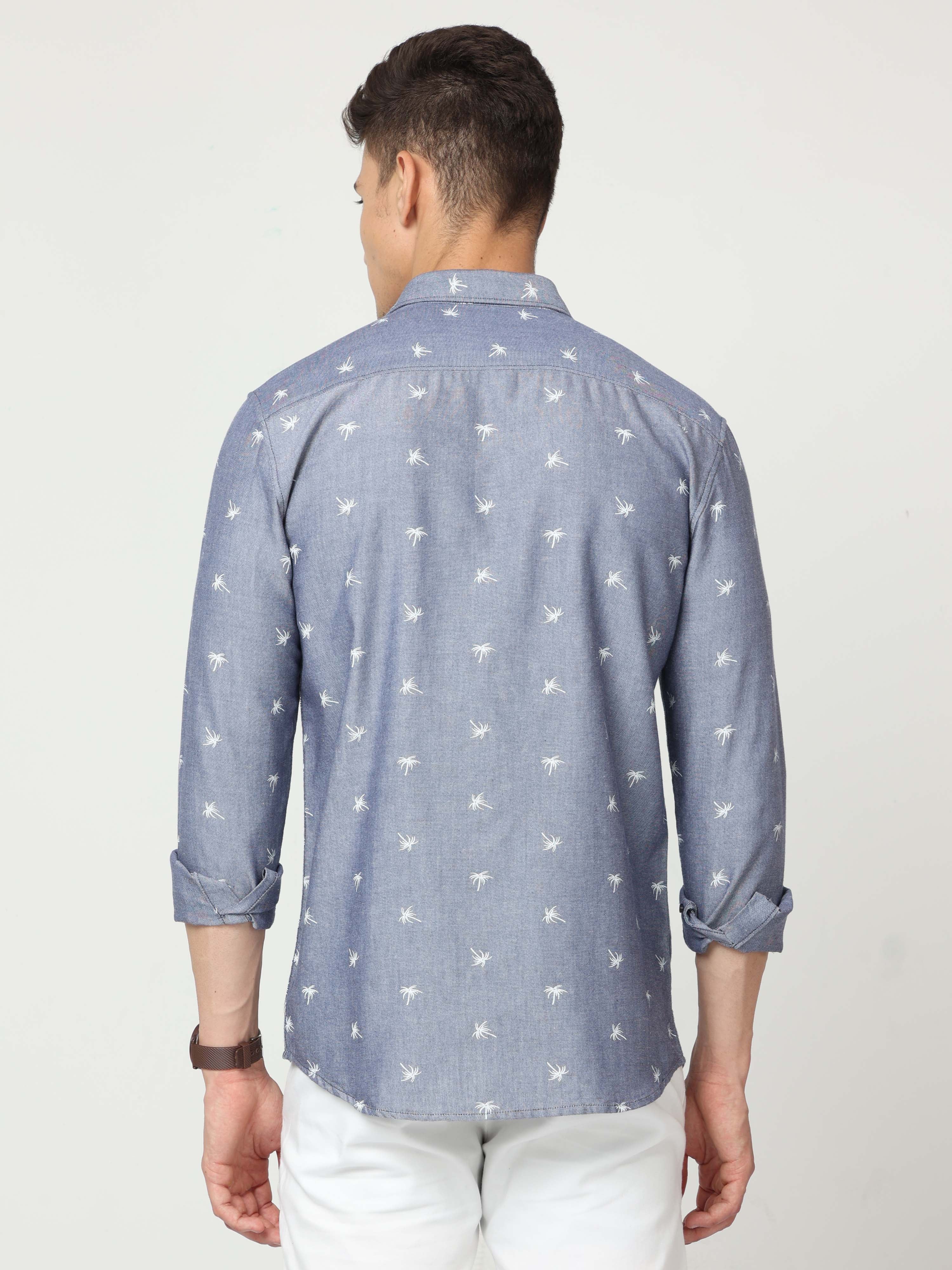 Classic Polo Mens Cotton Full Sleeve Printed Slim Fit Polo Neck Blue Color Woven Shirt | SO1-177 A-FS-PRT