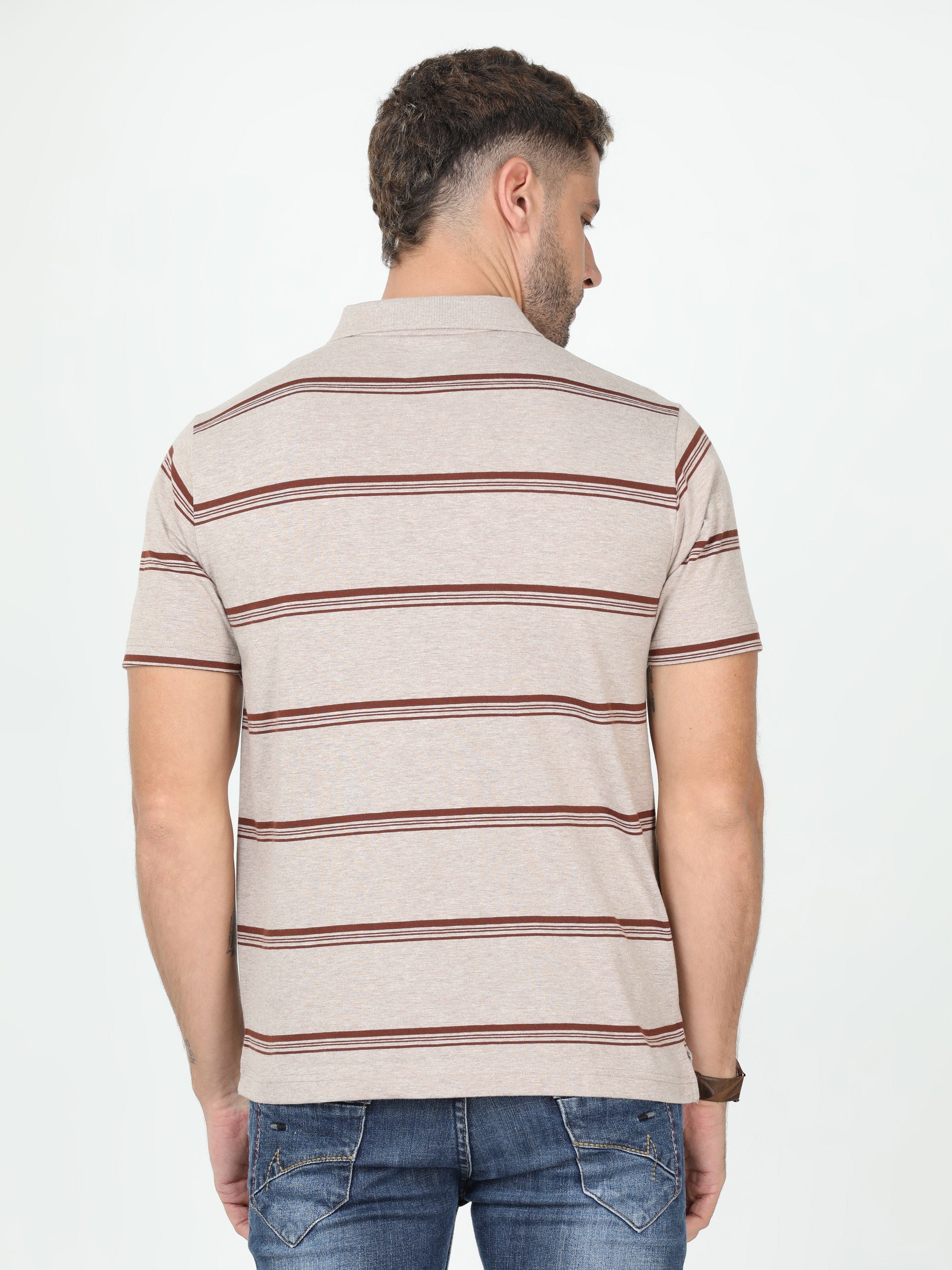 Classic Polo Mens Cotton Blended Half Sleeve Striped Authentic Fit Polo Neck Brown Color T Shirt | F-Avon - 108 B