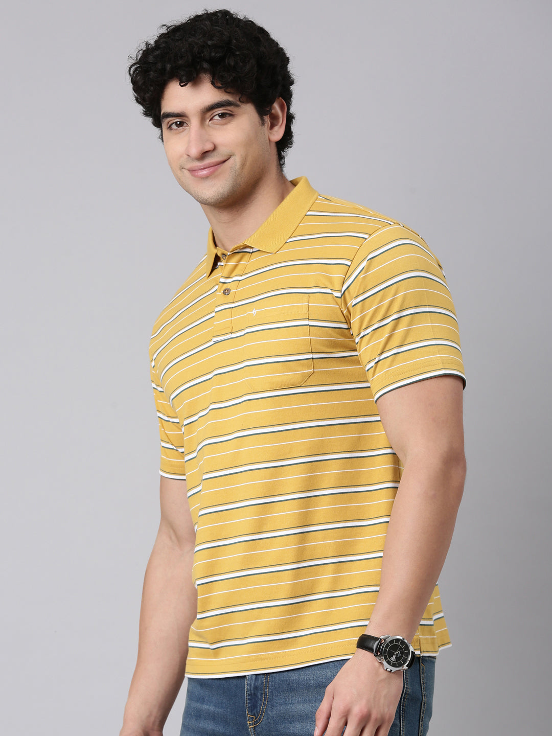 Classic Polo Men's Half Sleeve Mustard Yellow Polo Neck Authentic Fit Striped Cotton Blend T-Shirt | FEEDERS - 307 A AF P