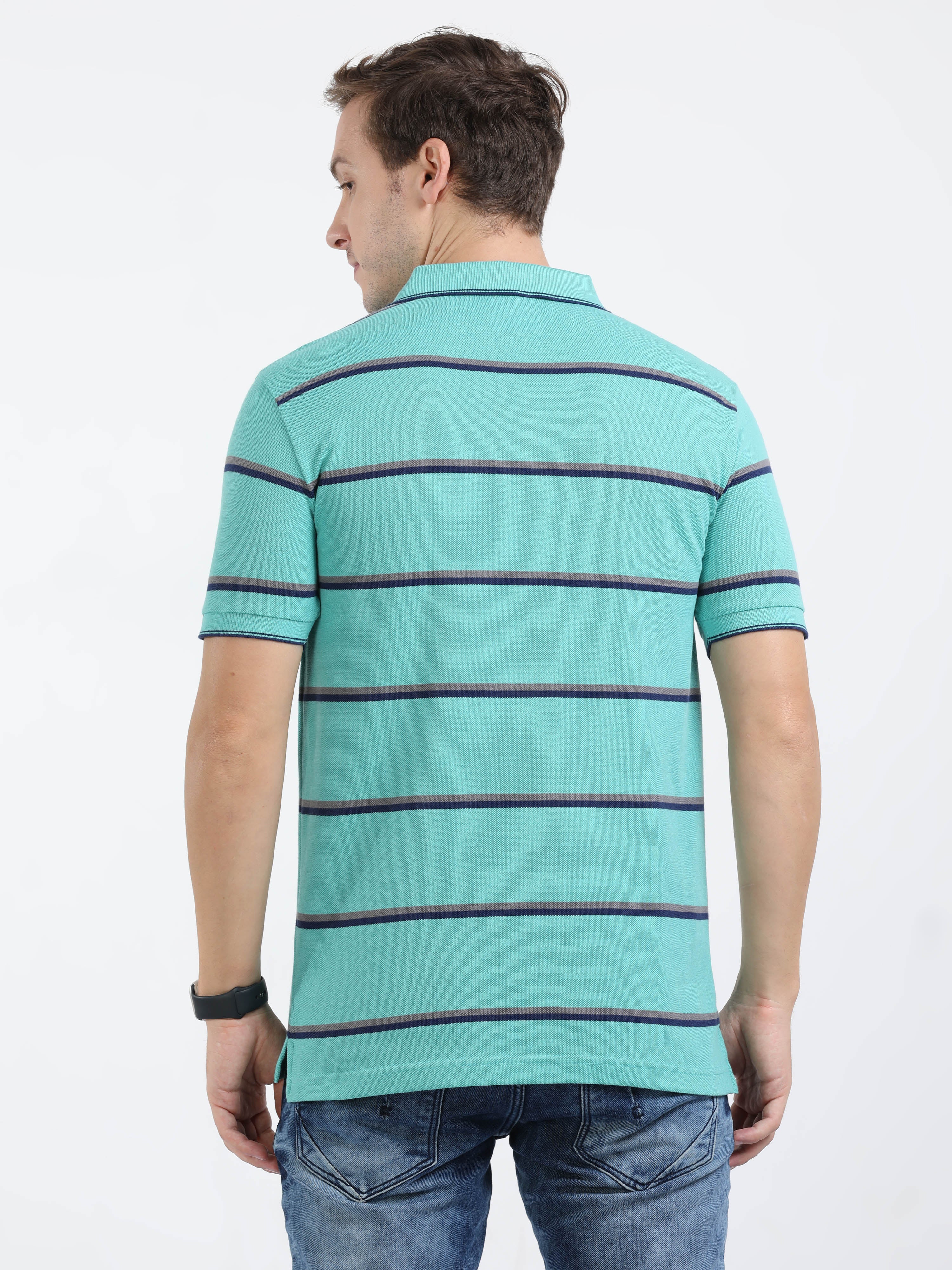 Classic Polo Mens Cotton Half Sleeves Striped Slim Fit Polo Neck Blue Color T-Shirt | Adore - 208 B Sf P