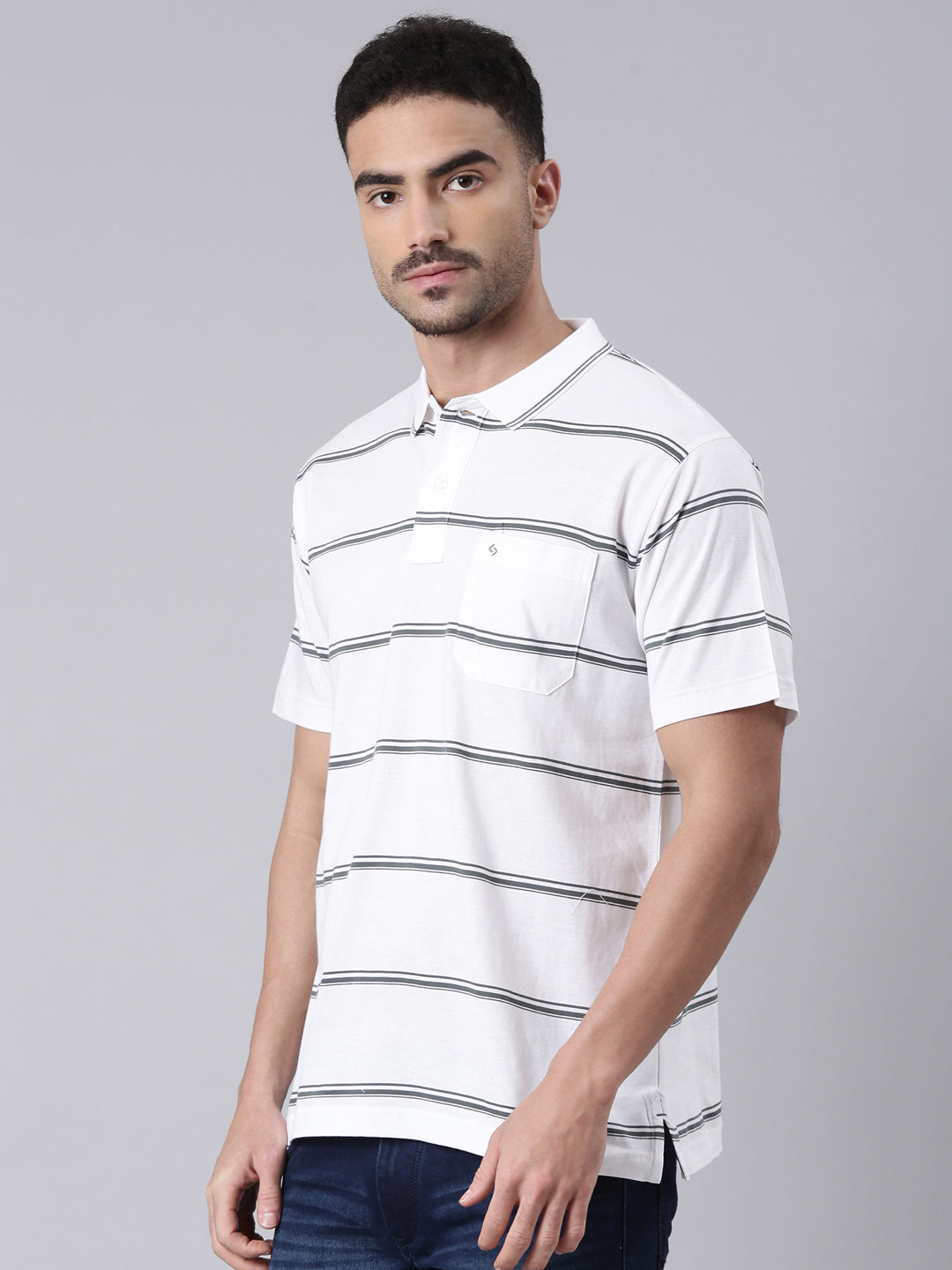 Classic Polo Men's Half Sleeve White/Grey Polo Neck Authentic Fit Striped Cotton T-Shirt | AP - 112 A AF P