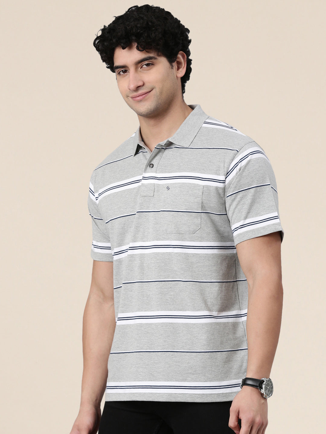 Classic Polo Men's Half Sleeve Grey Polo Neck Authentic Fit Striped Cotton Blend T-Shirt | AVON - 659 A AF P