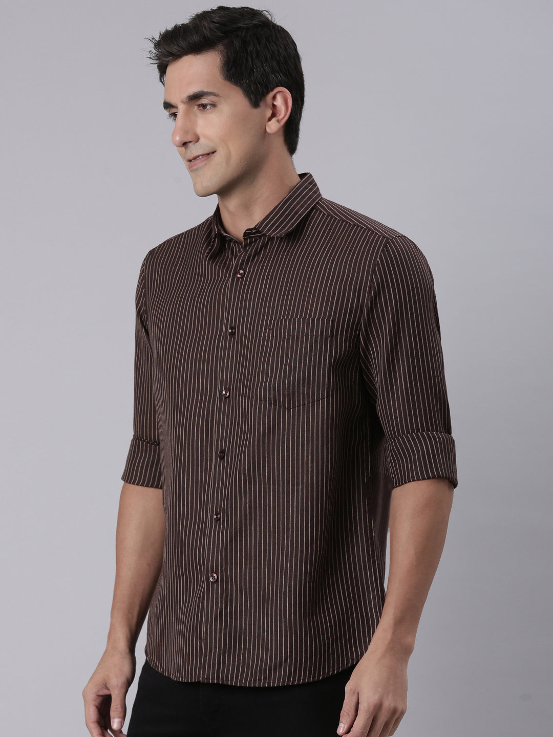 Classic Polo Men's Dark Wine Polo Neck Striped Cotton Slim Fit Woven Shirt | LSHQ2-137 B-FS-STR-SF