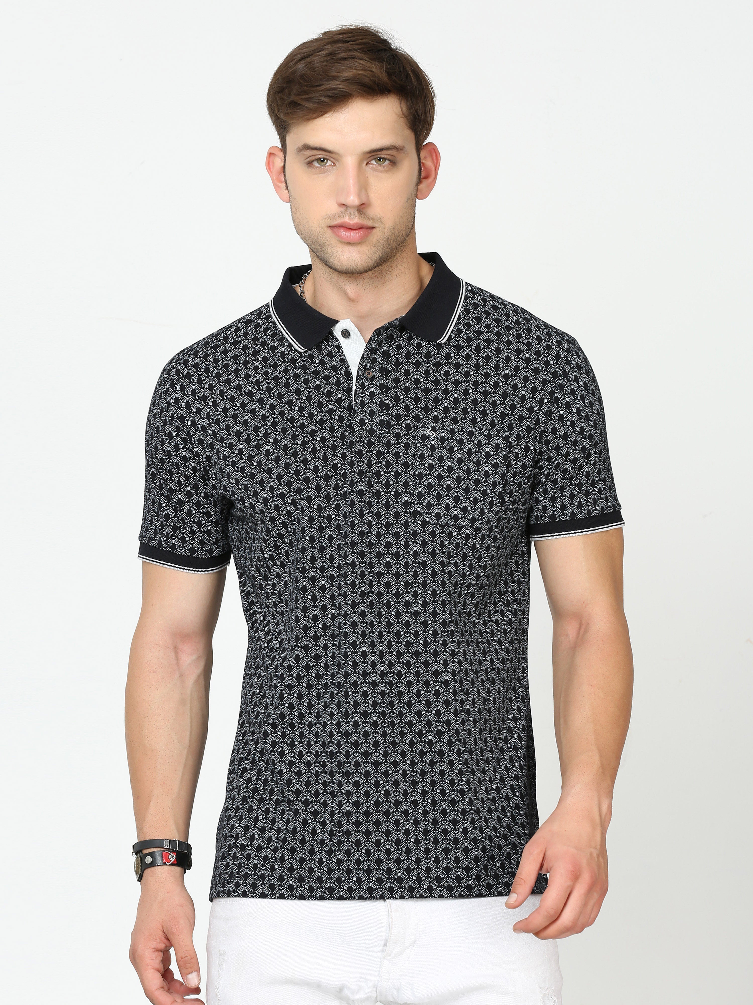 Classic Polo Mens Cotton Half Sleeves Floral Slim Fit Polo Neck Black Color T-Shirt | Beau - 225 B Sf P