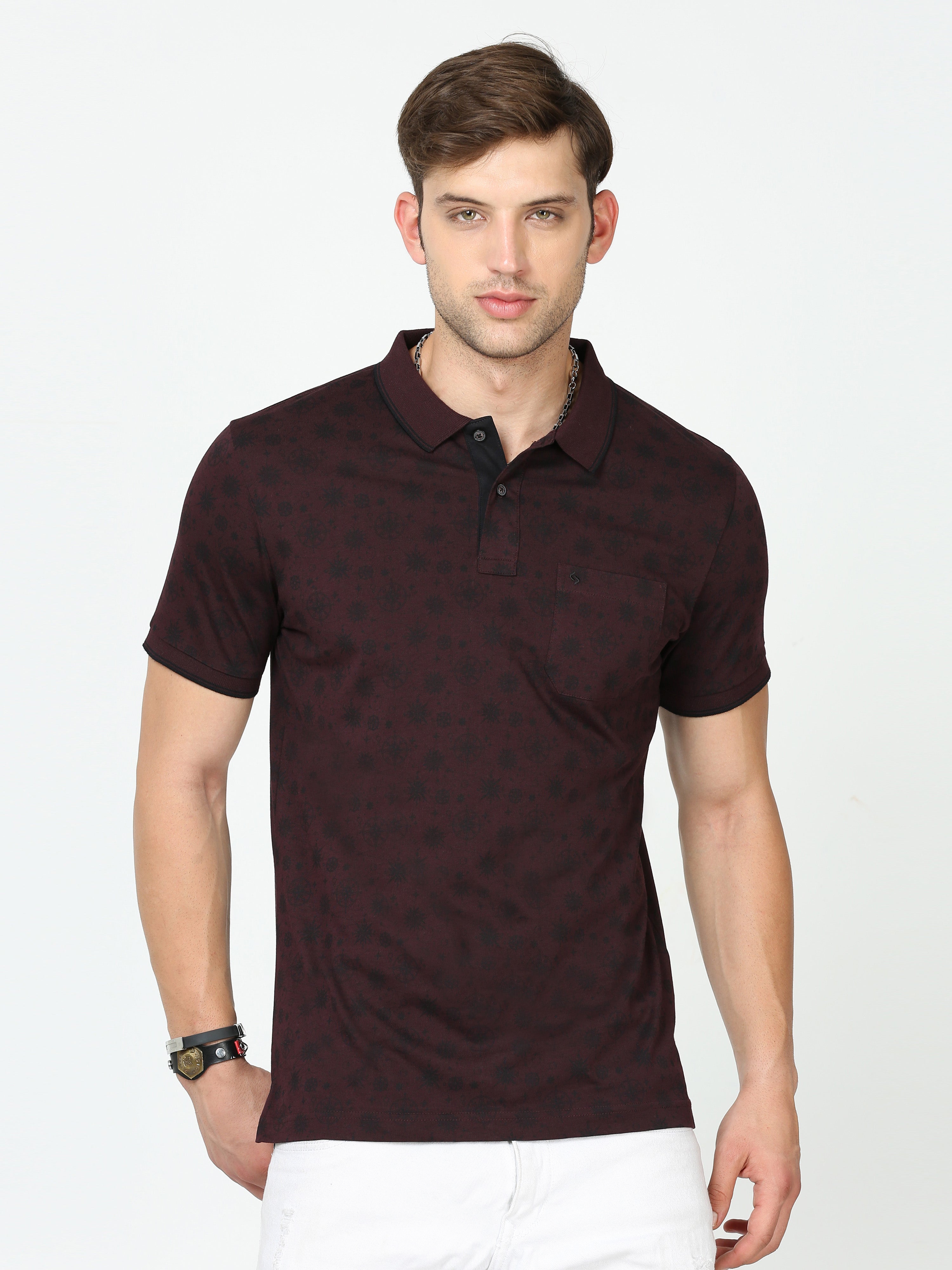 Classic Polo Mens Cotton Half Sleeves Floral Slim Fit Polo Neck Maroon Color T-Shirt | Bello - 228 B Sf P