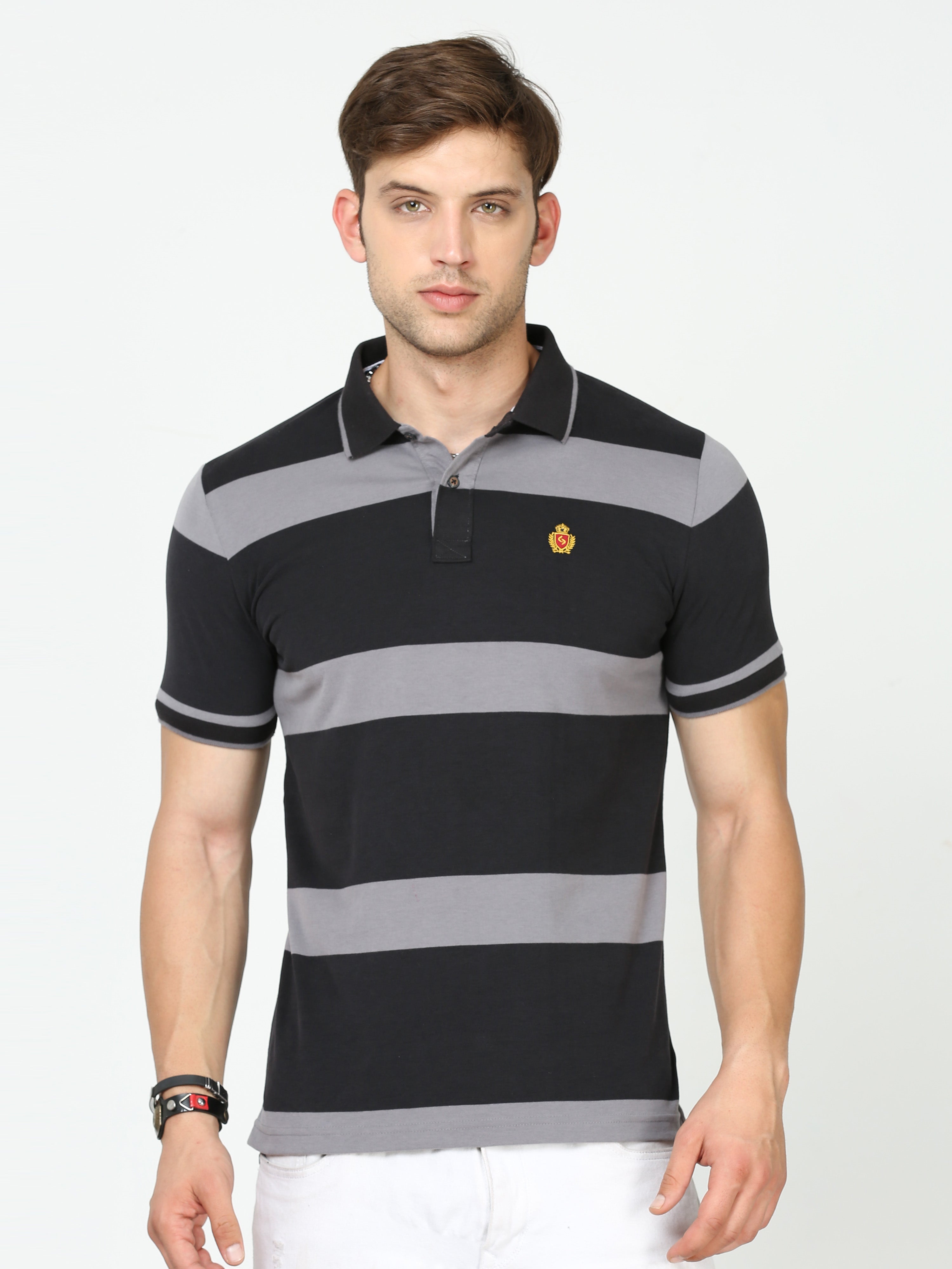 Classic Polo Mens Cotton Half Sleeves Striped Slim Fit Polo Neck Black Color T-Shirt | Cpeg - 313 B Sf P