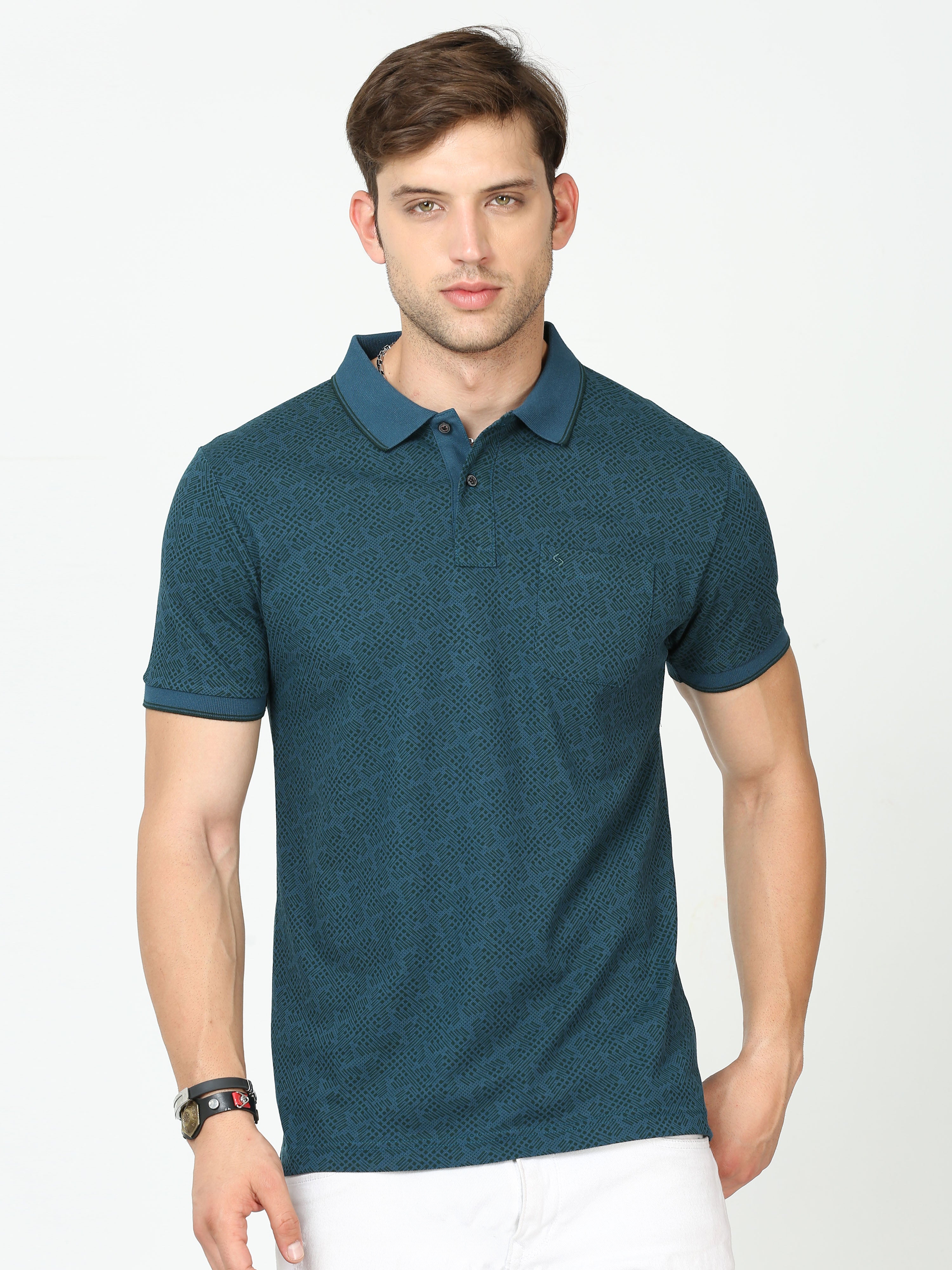 Classic Polo Mens Cotton Half Sleeves Floral Slim Fit Polo Neck Blue Color T-Shirt | Beau - 222 B Sf P