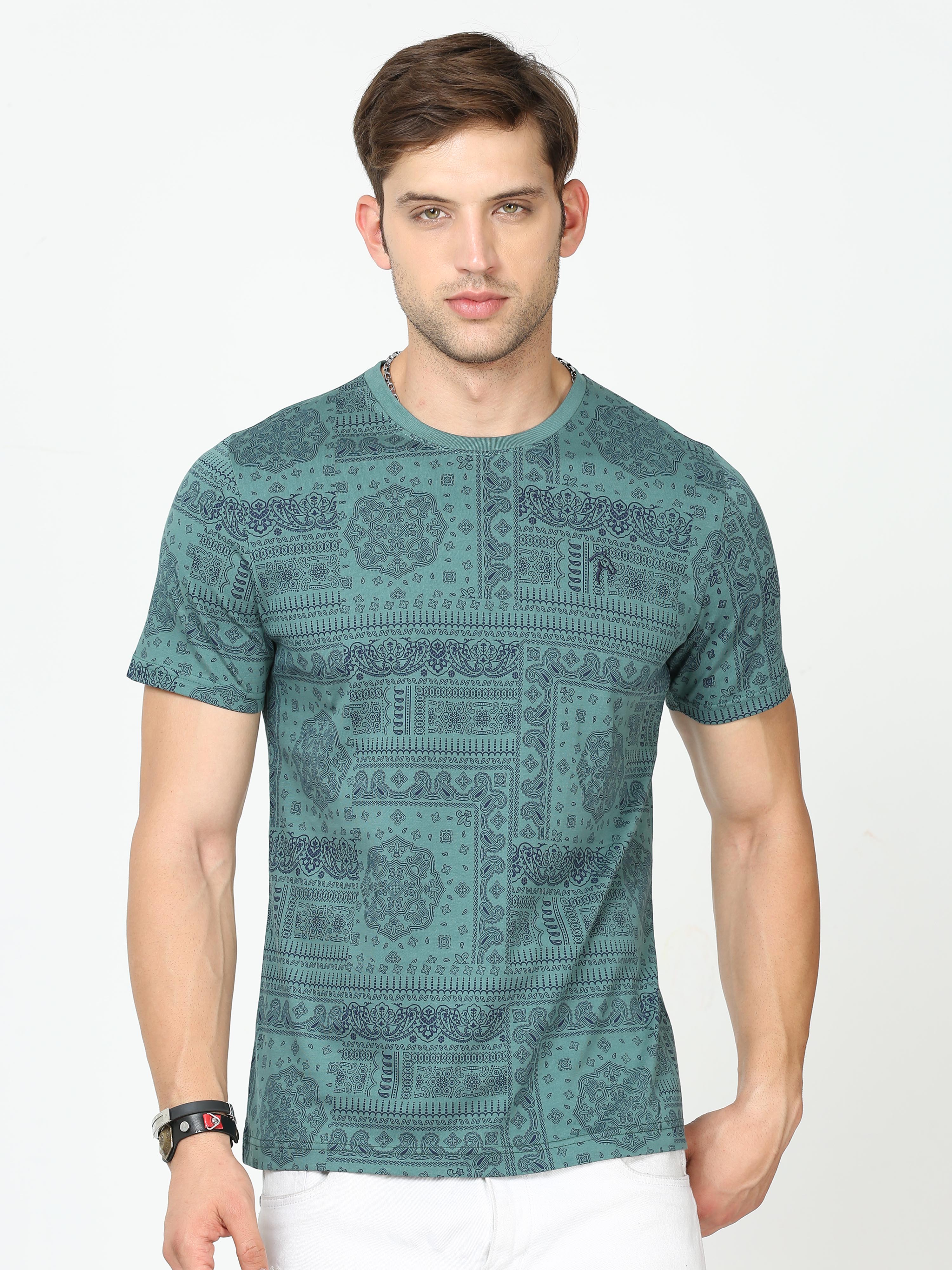 Classic Polo Mens Cotton Half Sleeves Floral Slim Fit Crew Neck Green Color T-Shirt | Brcn - 554 B Sf C