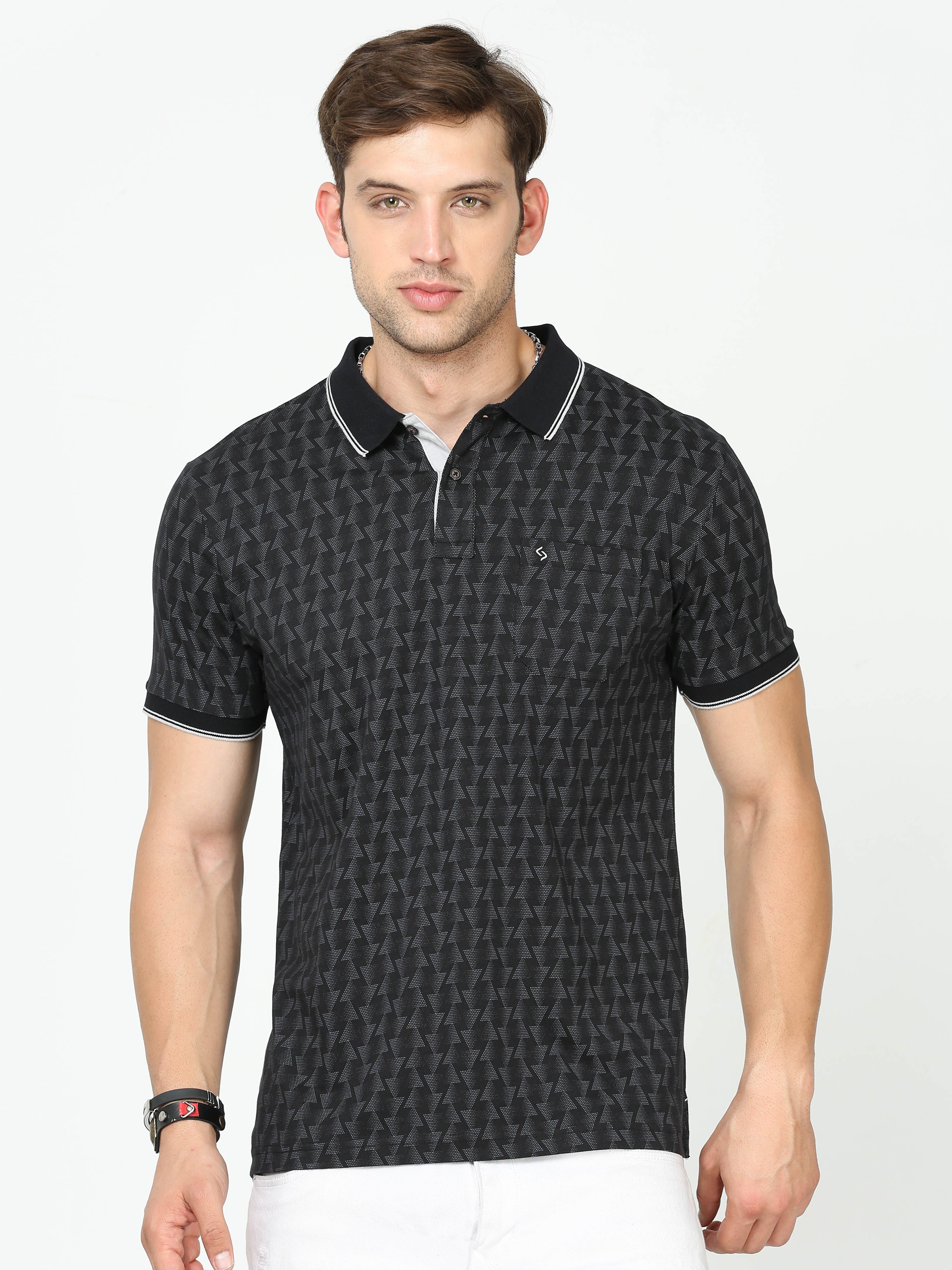 Classic Polo Mens Cotton Half Sleeves Printed Slim Fit Polo Neck Black Color T-Shirt | Bello - 230 B Sf P
