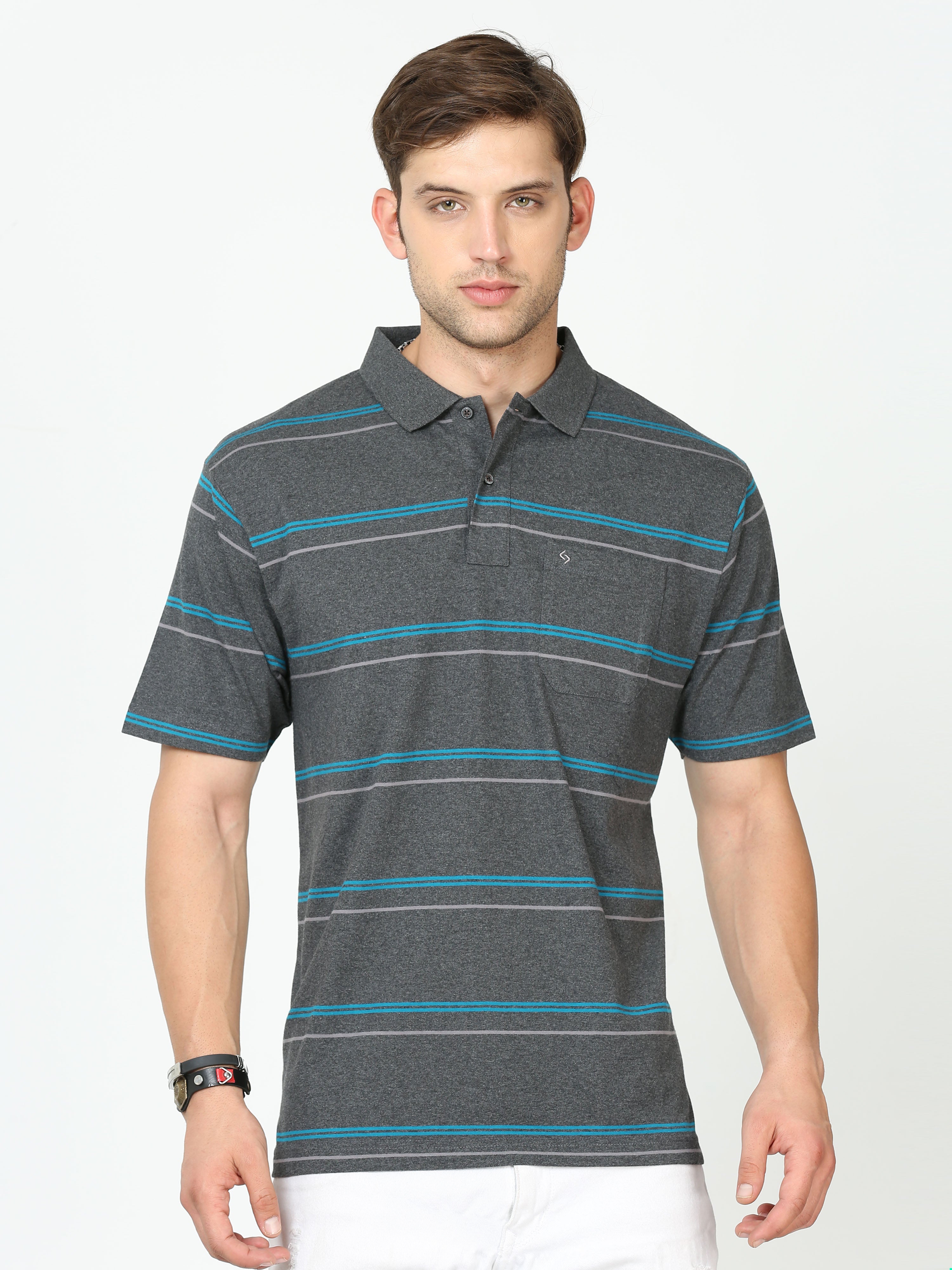 Classic Polo Mens Cotton Half Sleeves Striped Authentic Fit Polo Neck Black Color T-Shirt | Avon - 543 A Af P