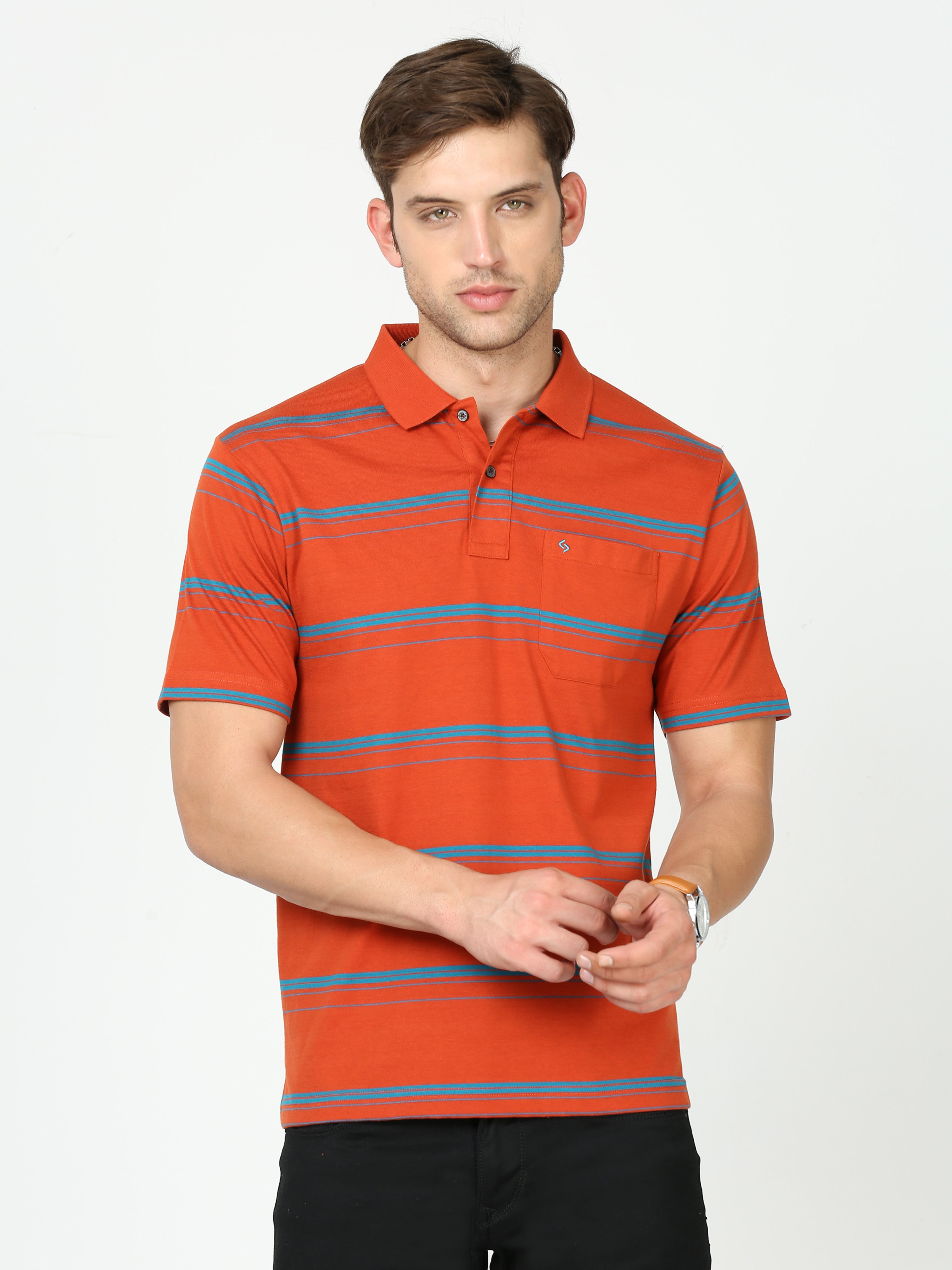 Classic Polo Mens Cotton Half Sleeves Striped Authentic Fit Polo Neck Red Color T-Shirt | Avon - 539 B Af P