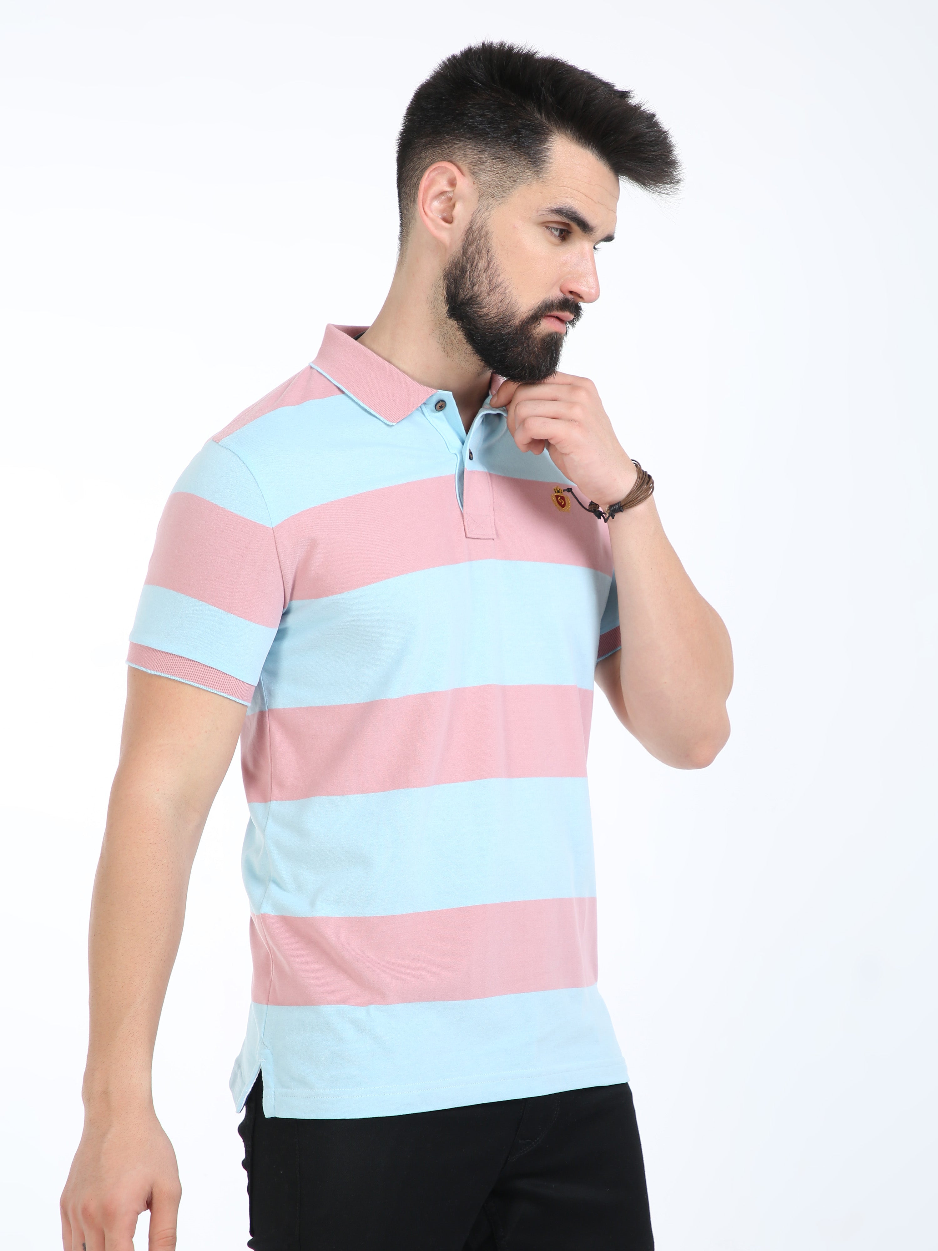 Classic Polo Mens Cotton Half Sleeves Striped Slim Fit Polo Neck Pink Color T-Shirt | Cpeg - 312 B Sf P