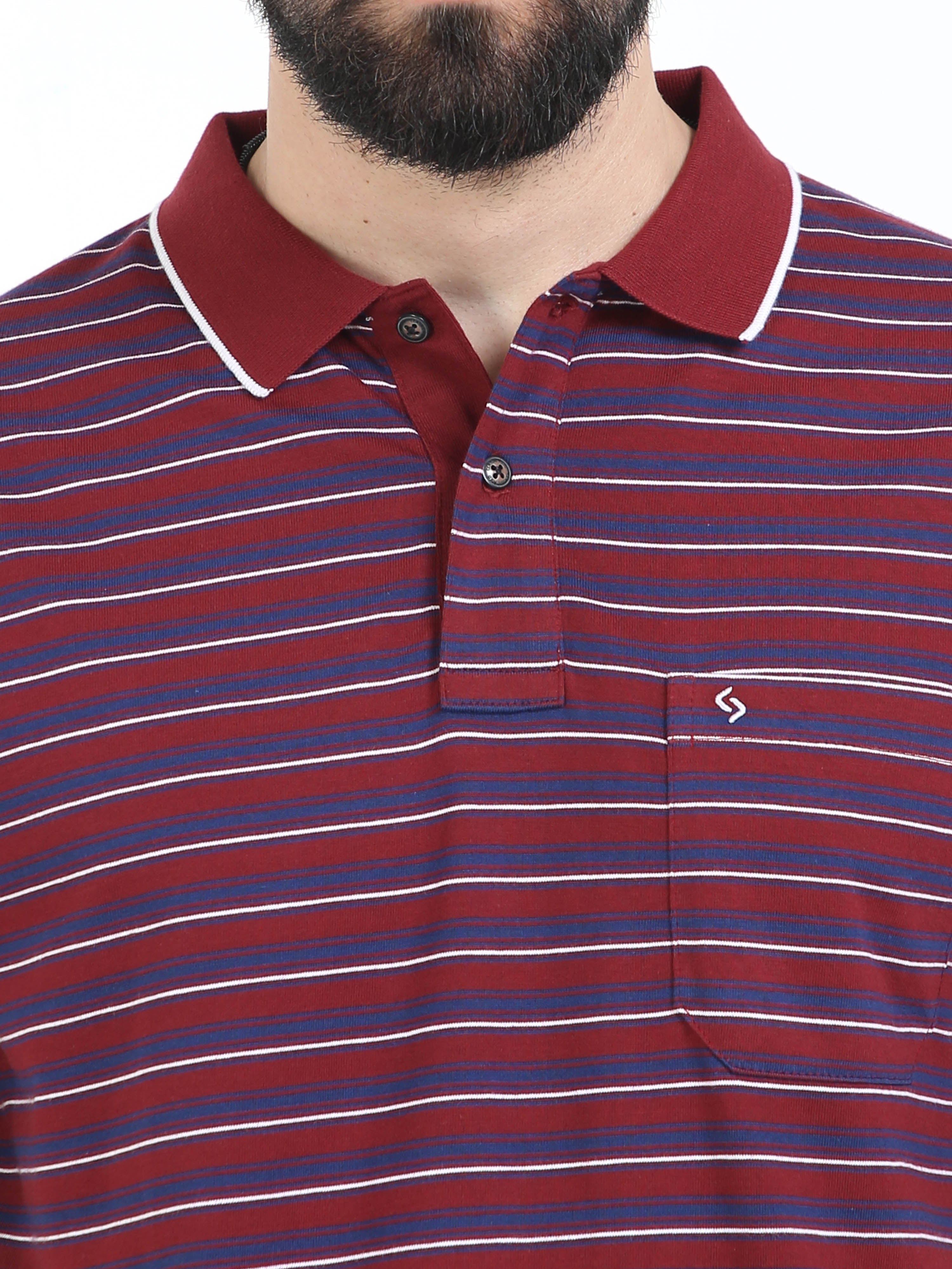 Classic Polo Mens Cotton Half Sleeves Striped Authentic Fit Polo Neck Maroon Color T-Shirt | Feeders-239 B Af P