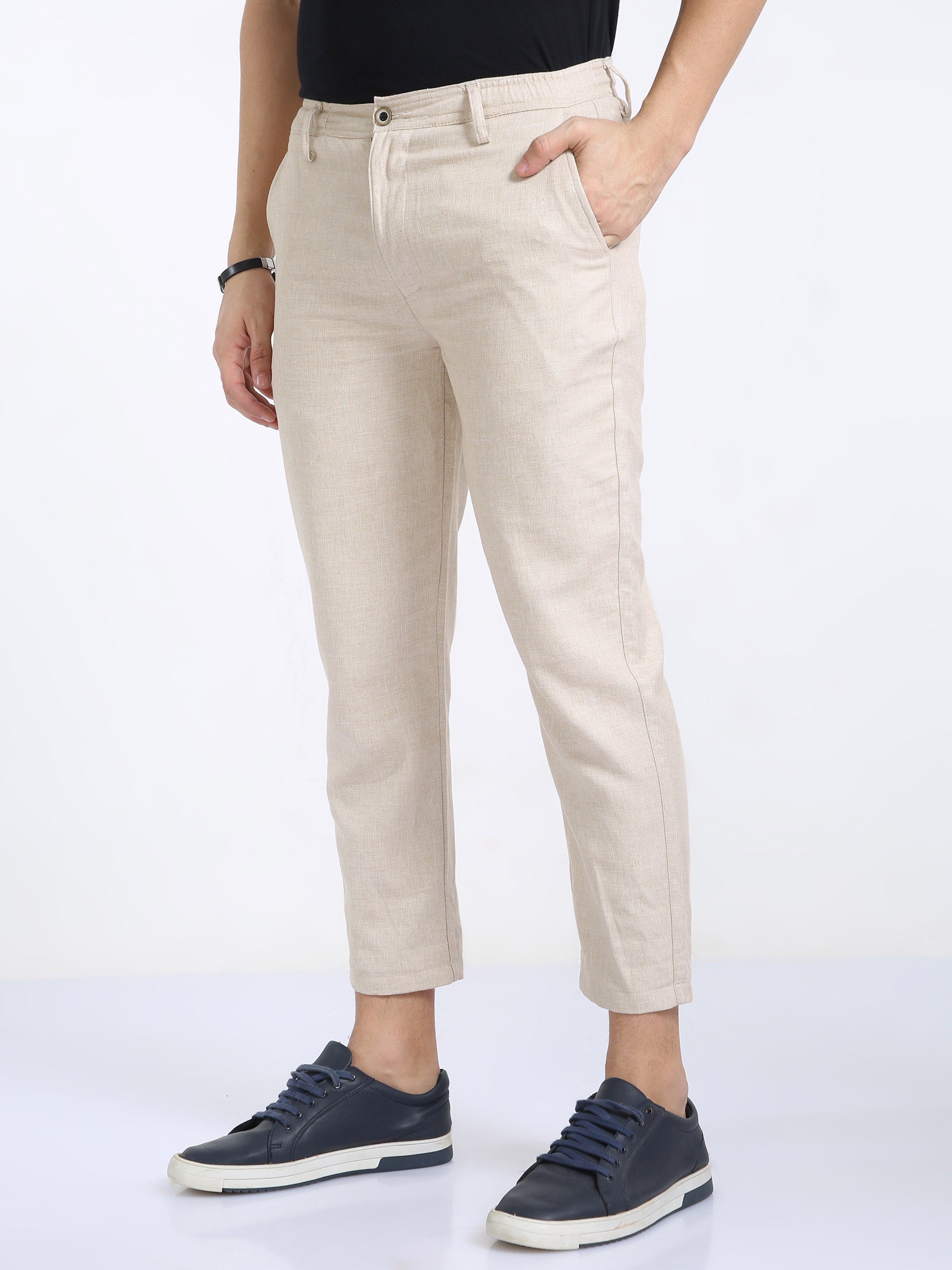 Classic Polo Mens Ankle Fit Solid Cream Melange Color Trousers | To2-28 C-Lgry-Al-Ly