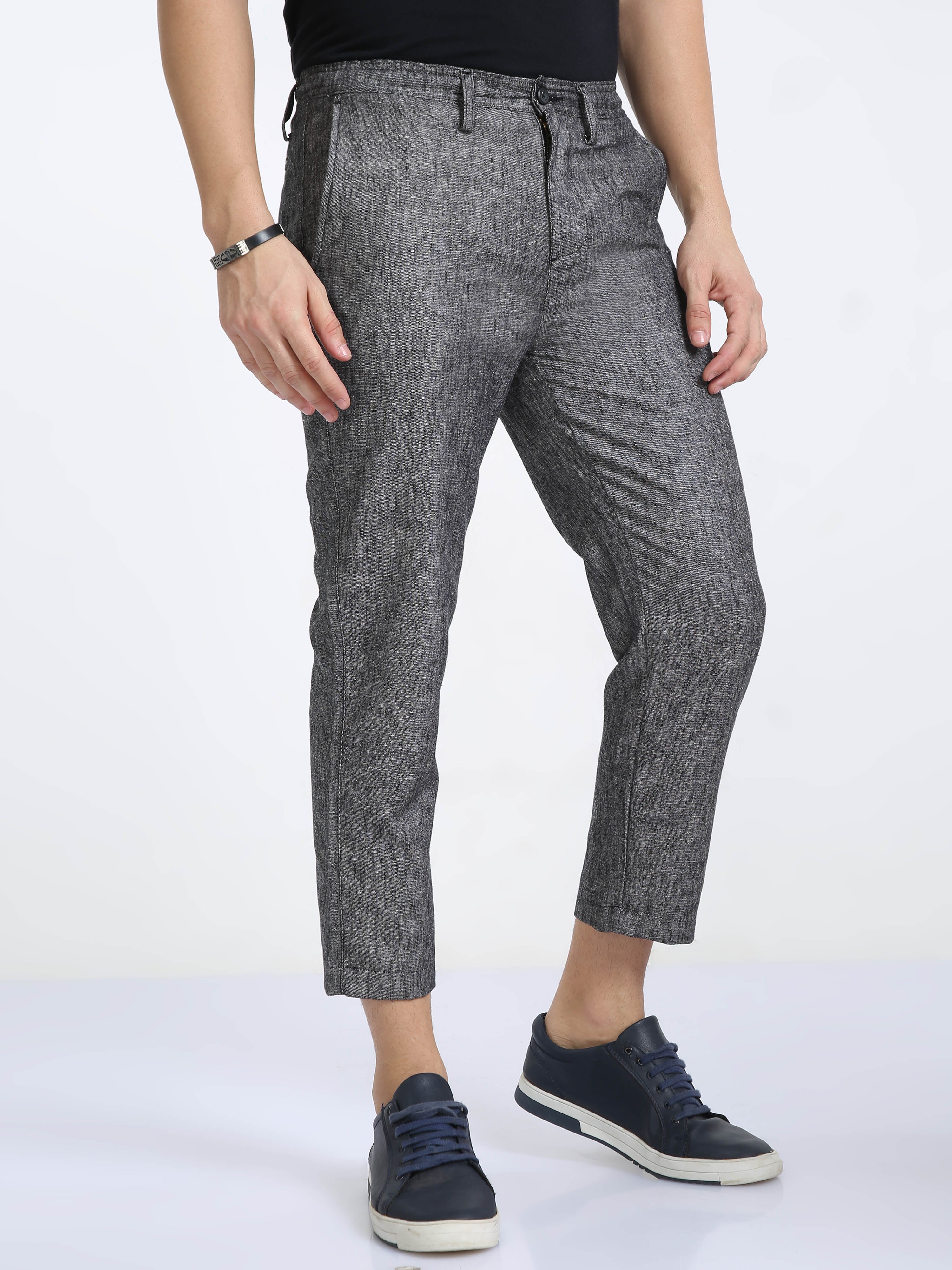 Classic Polo Mens Ankle Fit Solid Black Melange Color Trousers | To2-27 B-Blk-Al-Ly