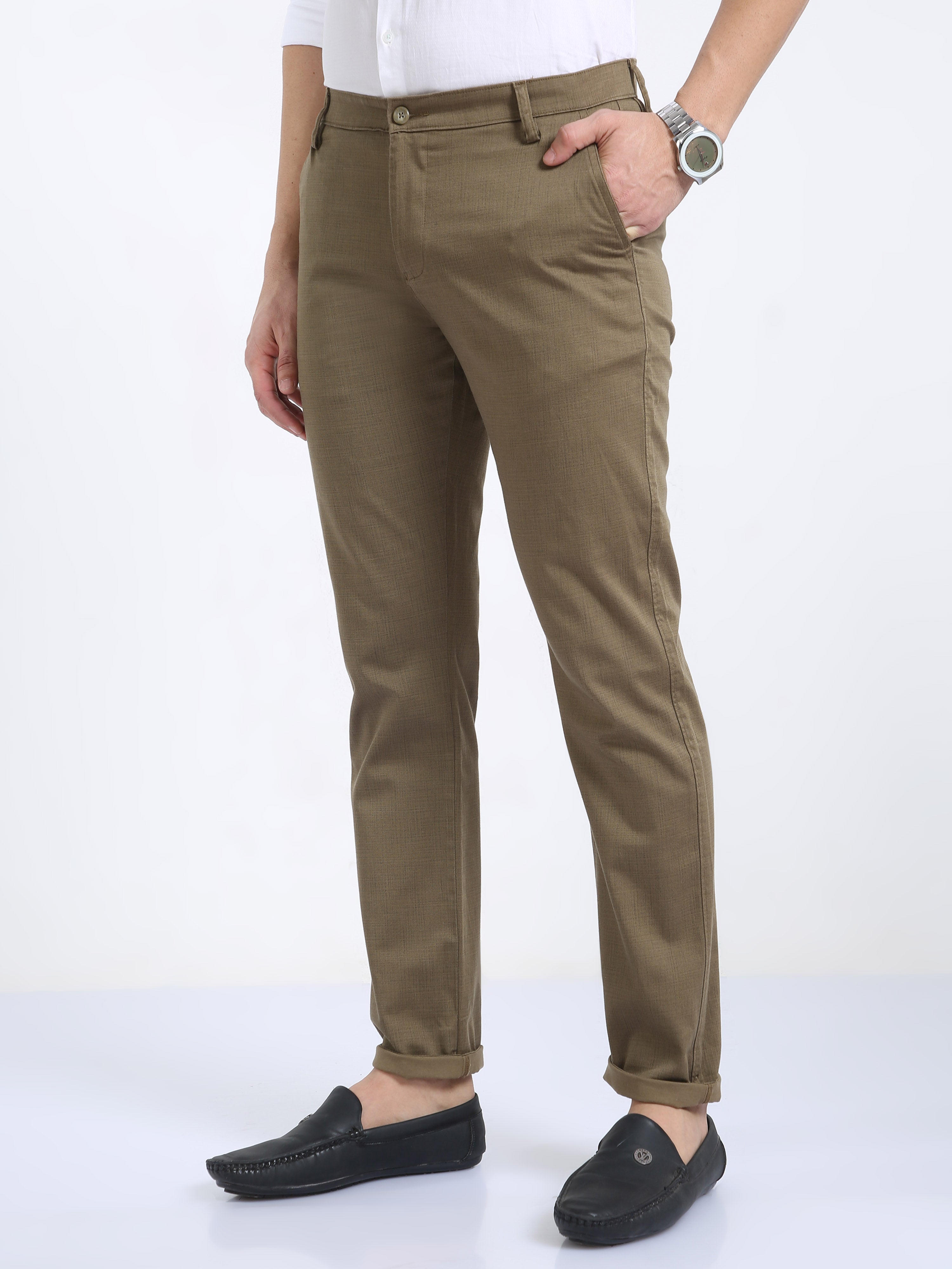 CP BRO Mens Moderate Fit Solid Dark Khakhi Color Trousers | To2-09 C-Pis-Mf-Ly