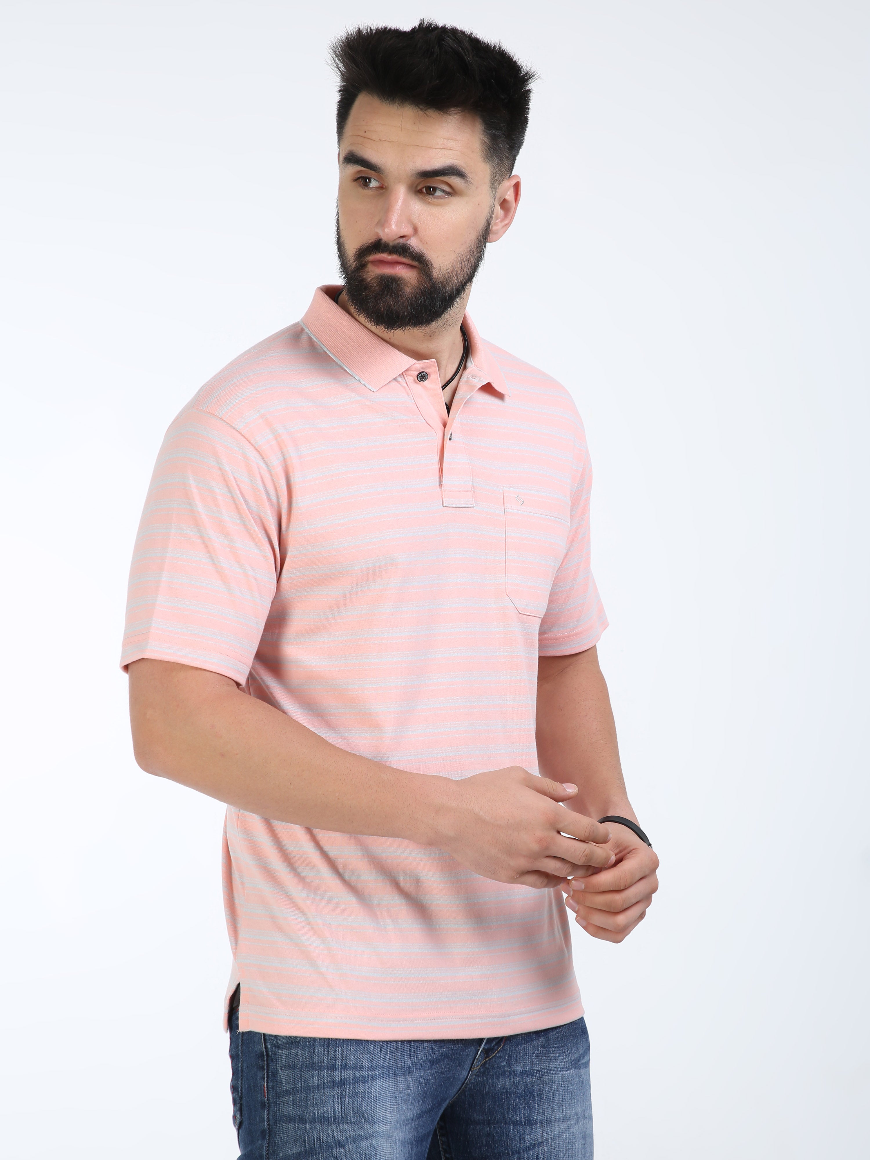 Classic Polo Mens Cotton Half Sleeves Striped Authentic Fit Polo Neck Pink Color T-Shirt | Feeders-233 B Af P