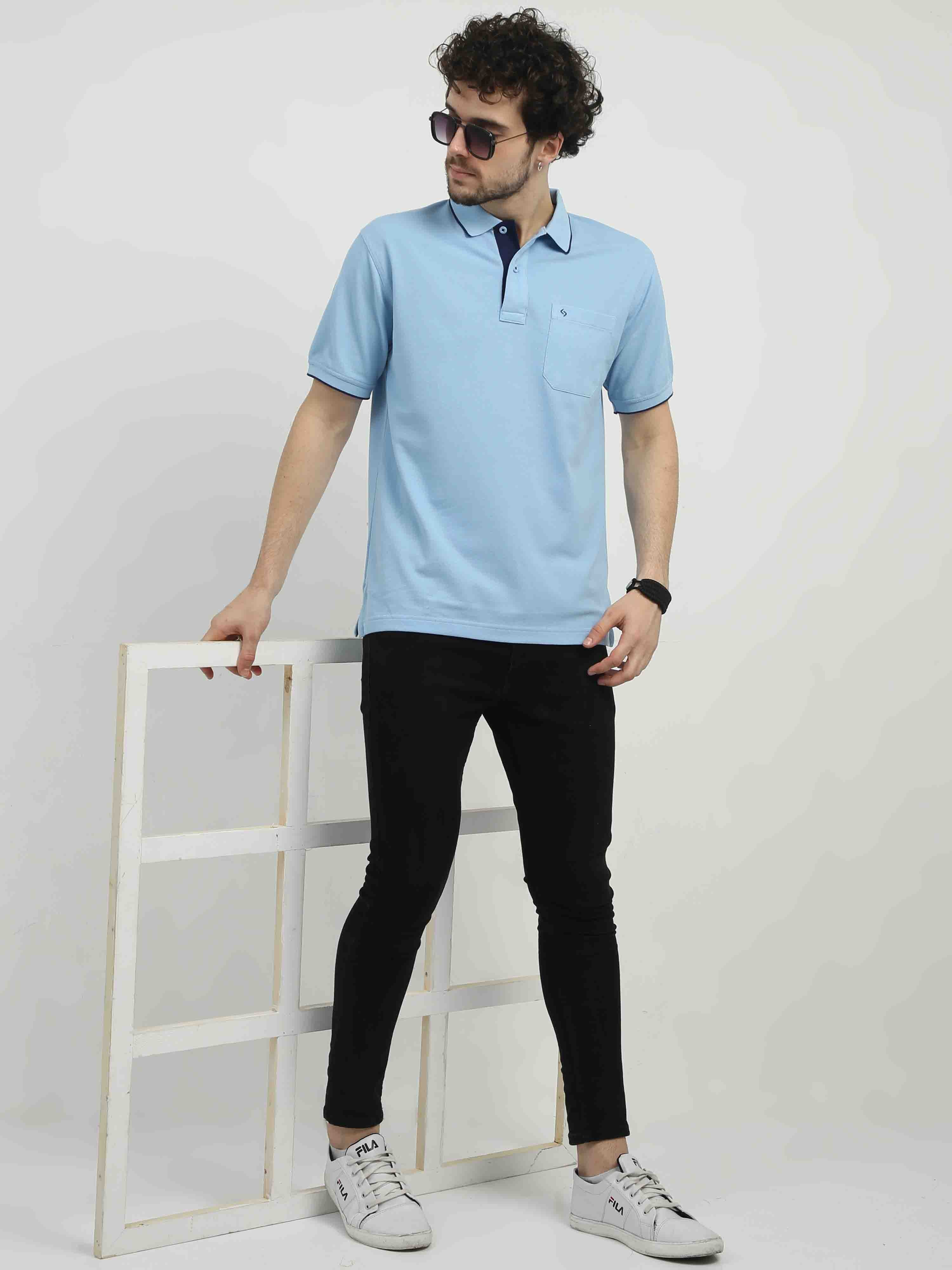 Classic Polo Men's Polo Neck Half Sleeve Authentic Fit Cotton T Shirt | TOY-NOVA-POWDER BLUE
