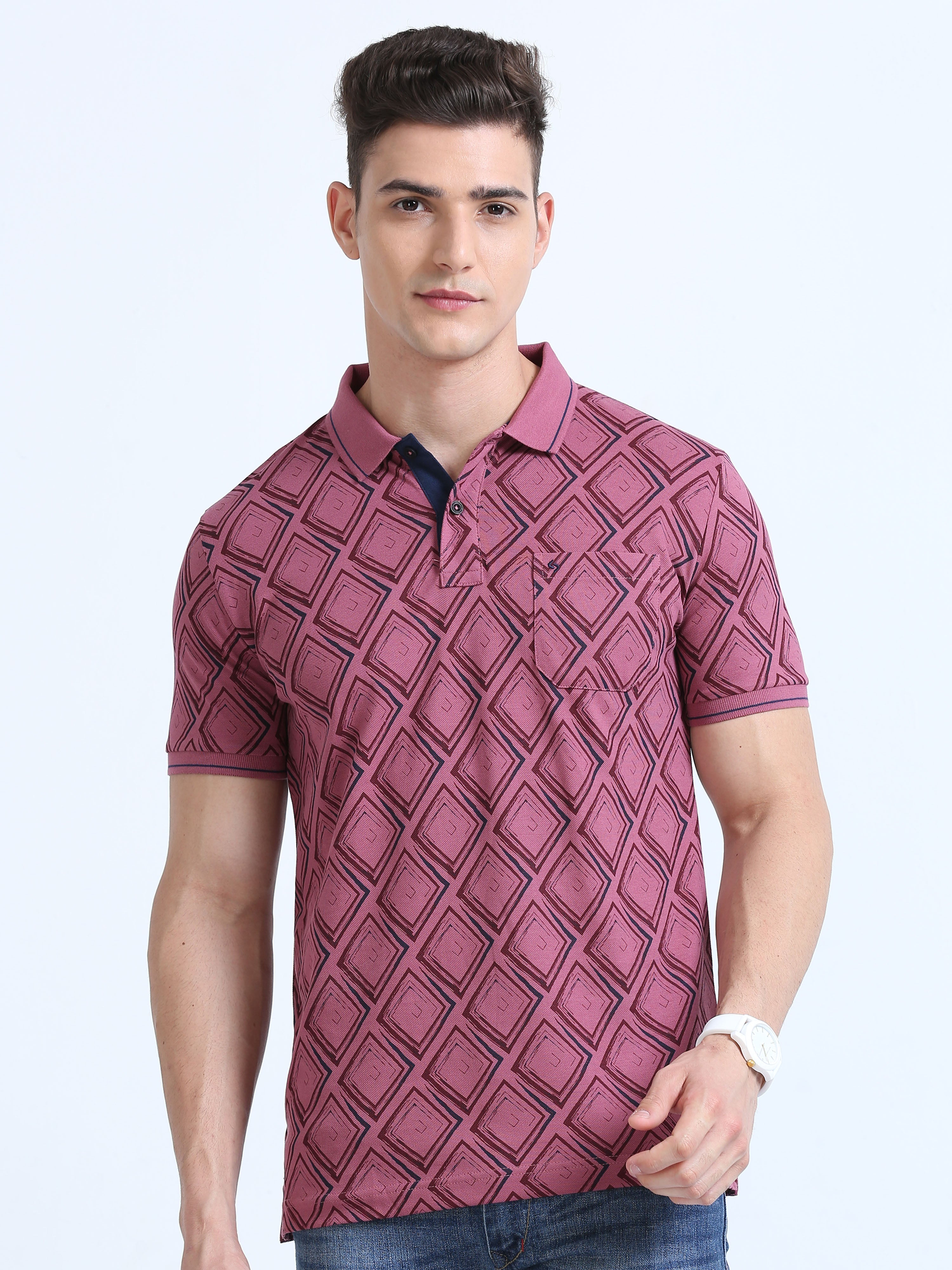 Classic Polo Men's Polo Neck Cotton Dark Pink Slim Fit Printed T-Shirt | BEAU-251 A SF P