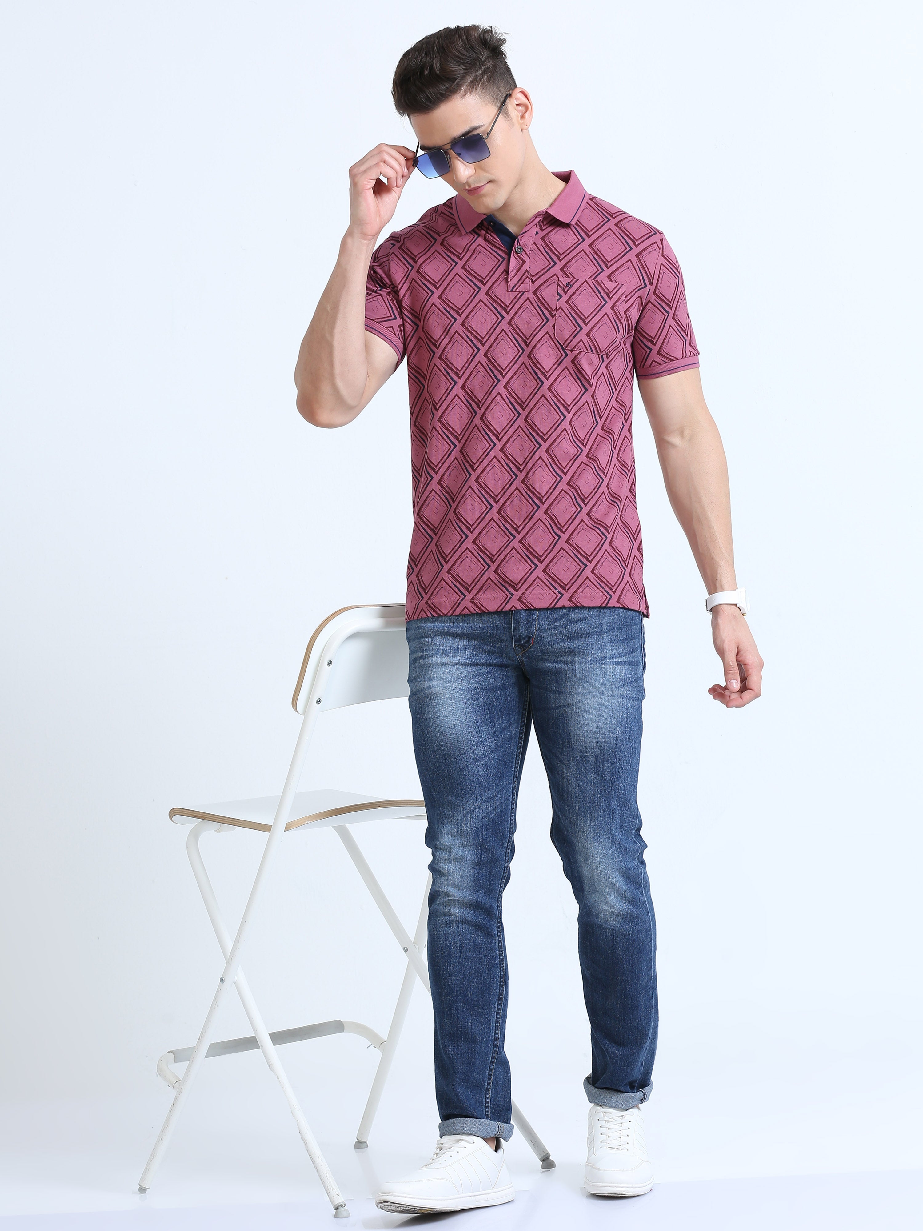 Classic Polo Men's Polo Neck Cotton Dark Pink Slim Fit Printed T-Shirt | BEAU-251 A SF P