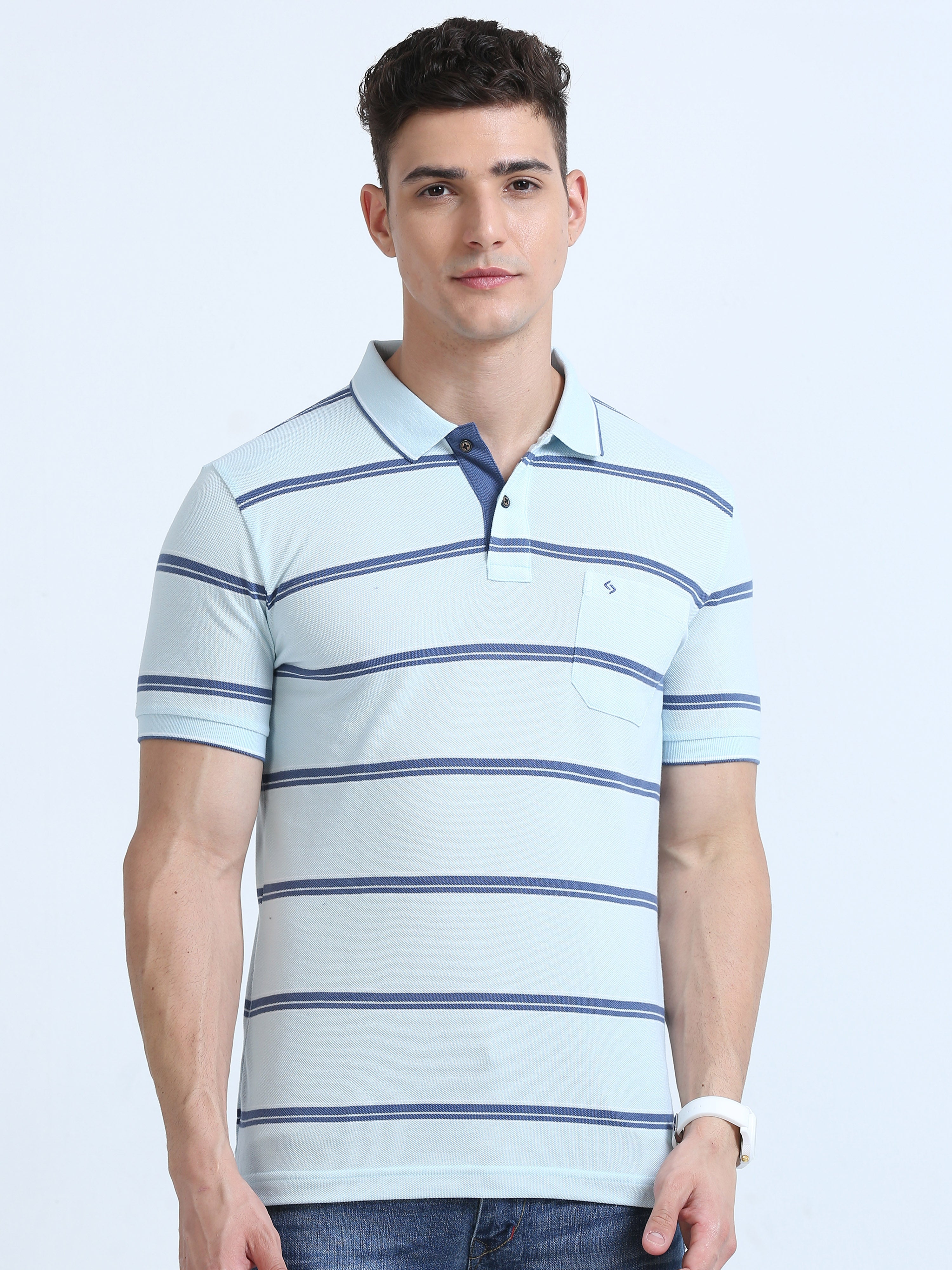 Classic Polo Men's Polo Neck Cotton Blue Slim Fit Striped T-Shirt | F-ADORE-102A SF P
