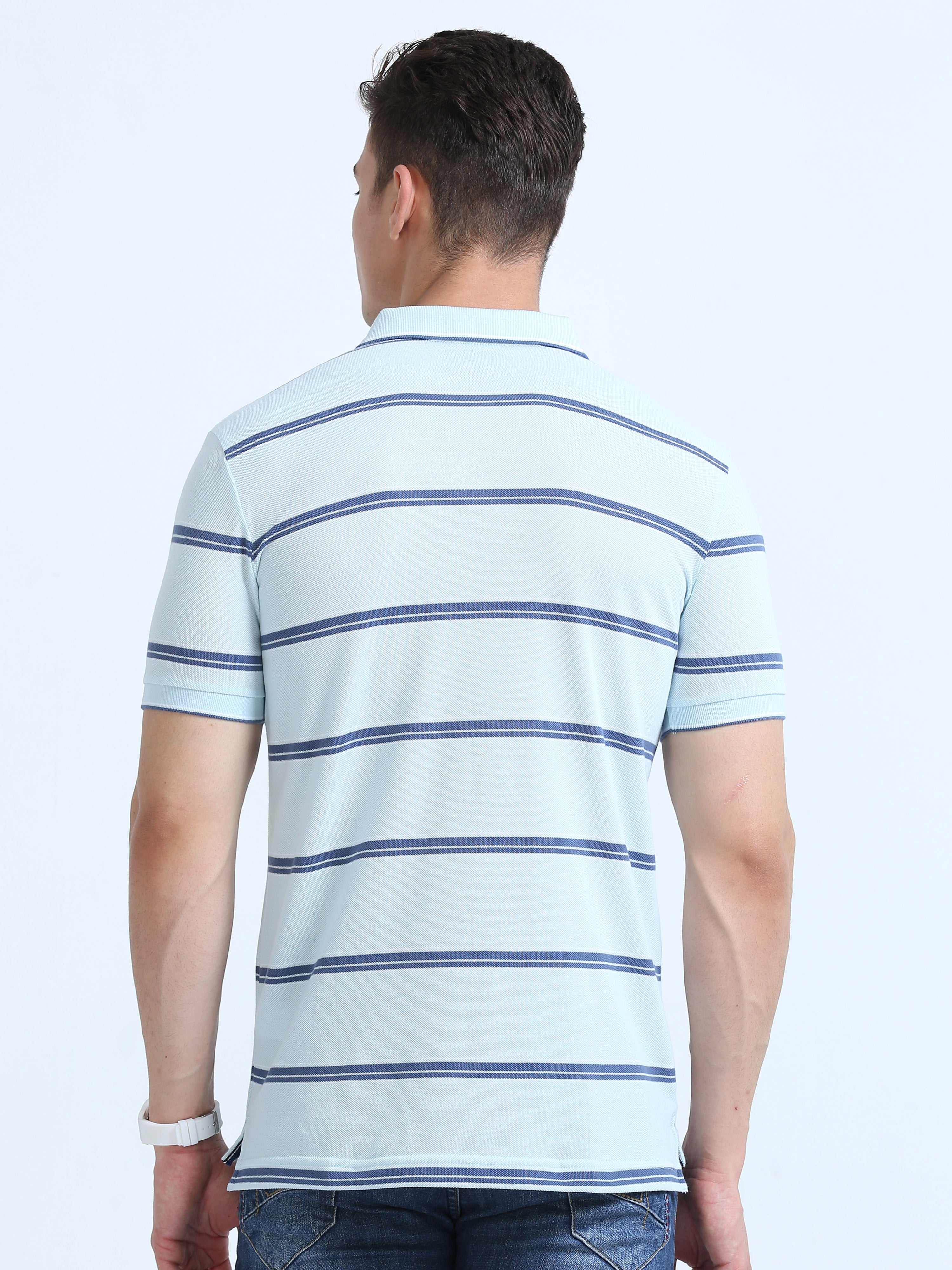 Classic Polo Men's Polo Neck Cotton Blue Slim Fit Striped T-Shirt | F-ADORE-102A SF P