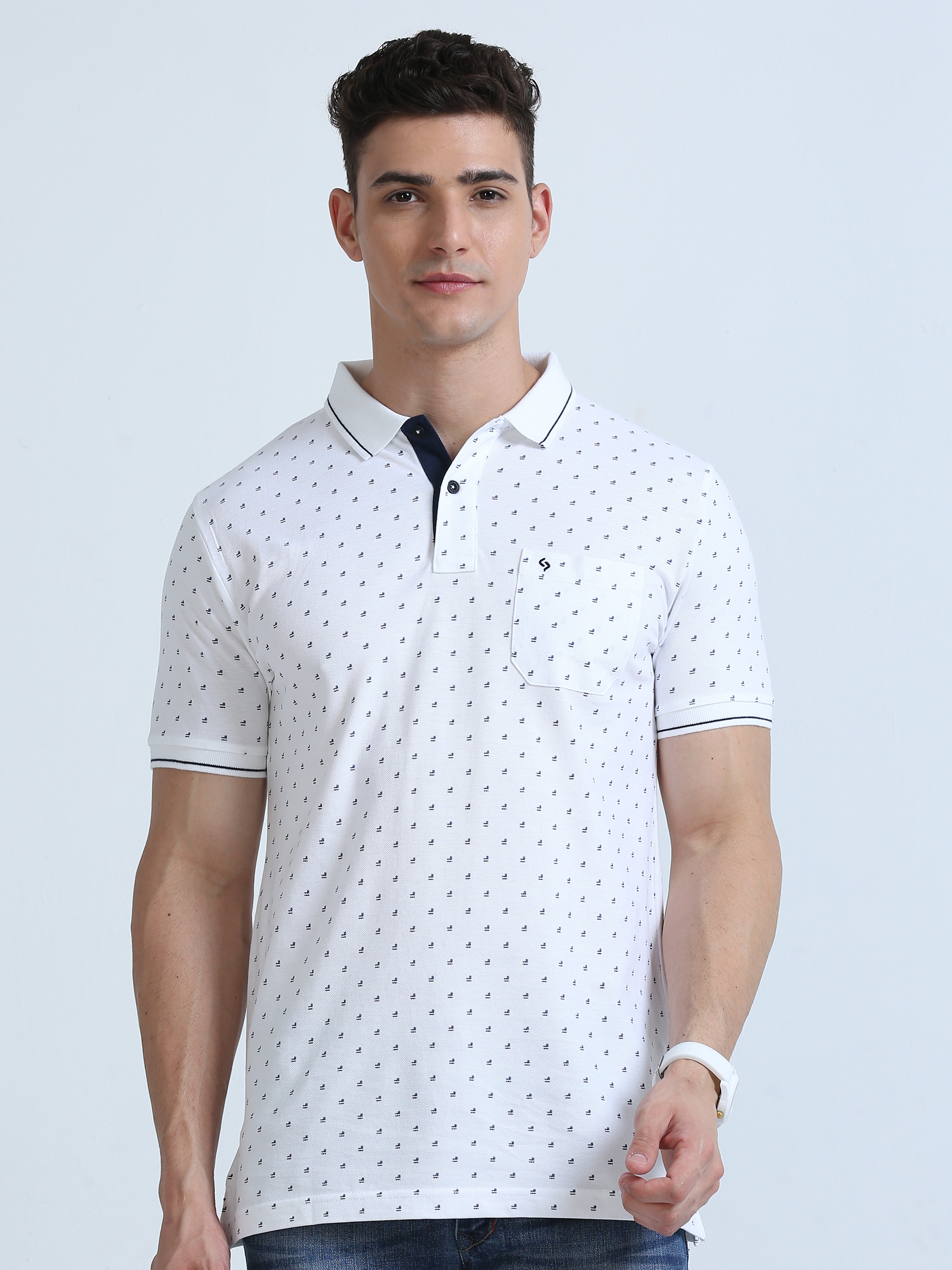 Classic Polo Men's Polo Neck Cotton White Slim Fit Printed T-Shirt | BEAU-248 A SF P