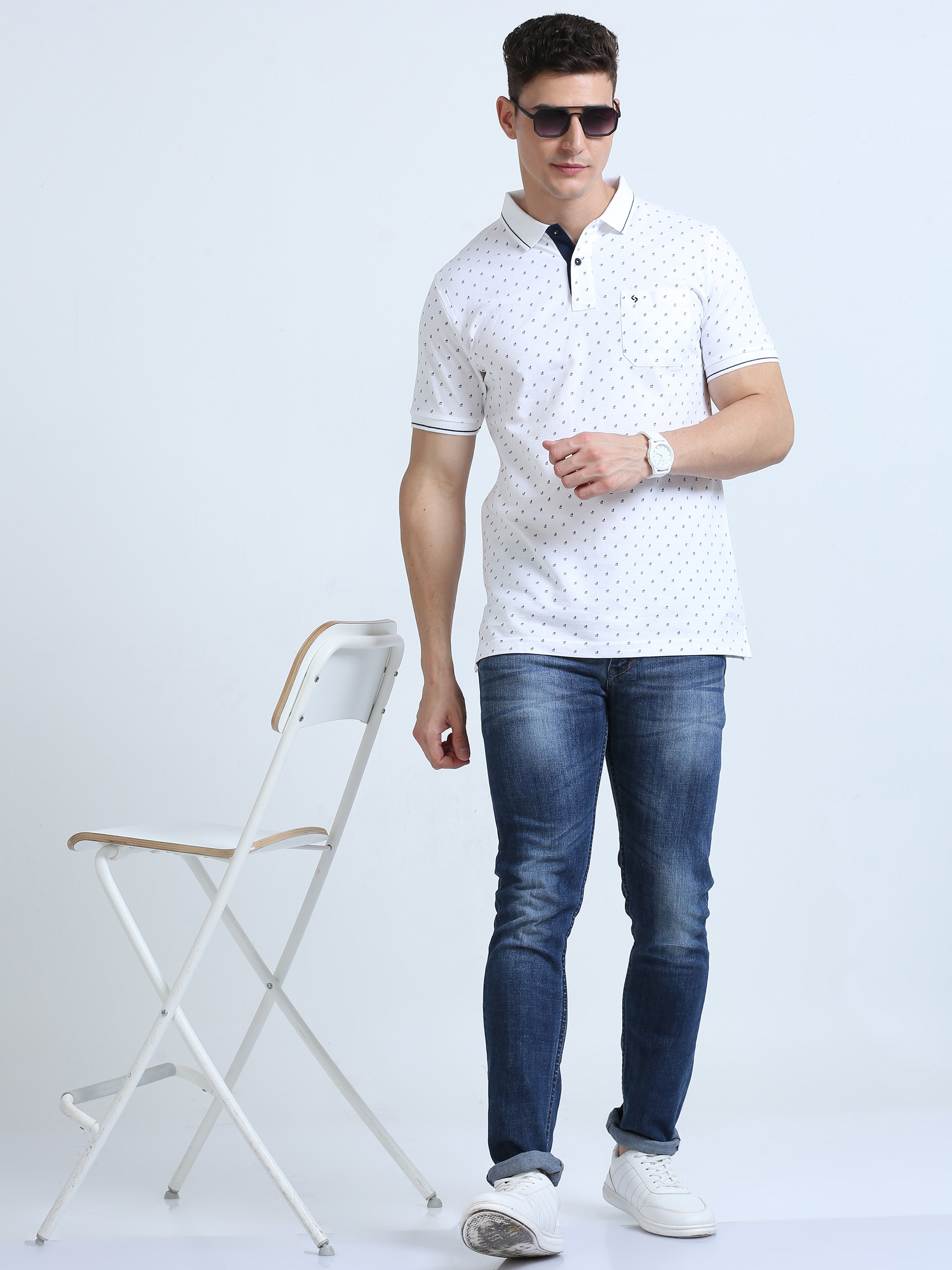 Classic Polo Men's Polo Neck Cotton White Slim Fit Printed T-Shirt | BEAU-248 A SF P